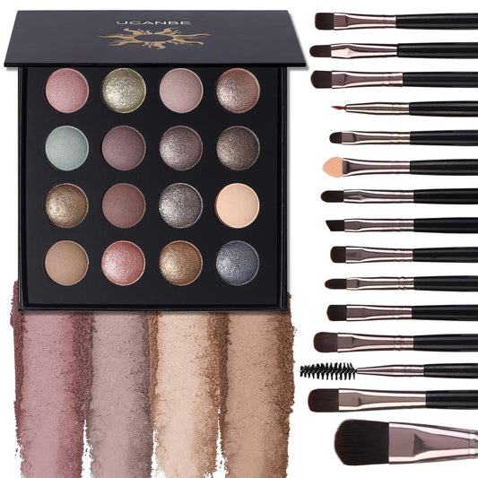 UCANBE Baked Eyeshadow Palette with 15PCS Brushes Makeup Set, 16 Color Natural Nude Matte Shimmer Metallic Eye Shadow Make Up Pallet for Women Girls, High Pigmented Long Lasting Waterproof