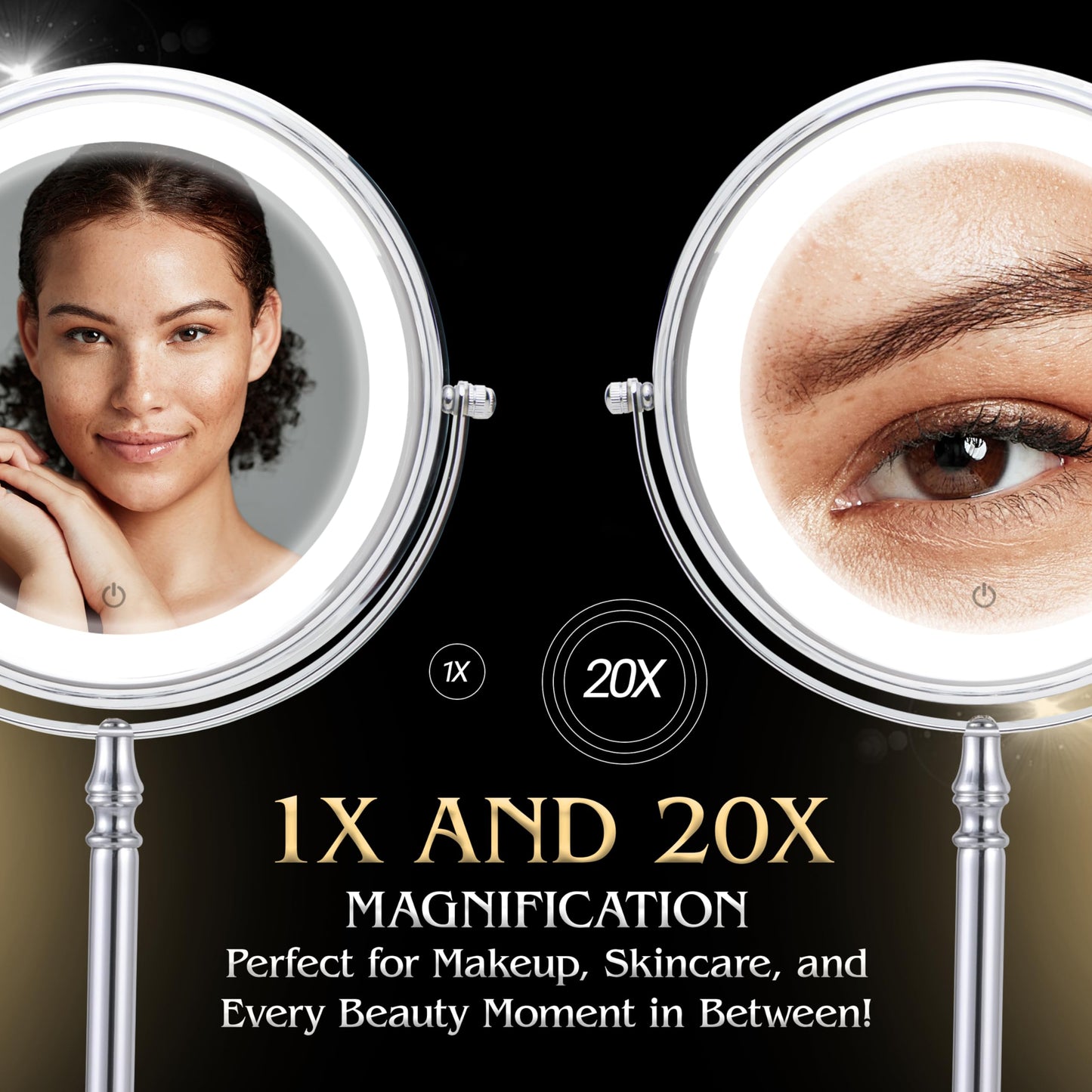 Ultra Zoom 20X Magnifying Lighted Table Mirror for Makeup - 20X & 1X Dual Sided LED Make-up Mirror with 3 Light Modes, Rechargeable Battery with USB Cable - 8" Wide & 15" Tall (Chrome)