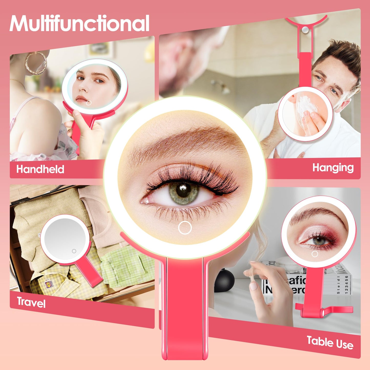 MIYADIVA Magnifying Mirror with Light, Double Sided 30X/1X Lighted Travel Makeup Mirror with Magnification, 3 Color Lighting, Dimmable Touch Screen, Adjustable & Foldable Hand Mirror (Pink)