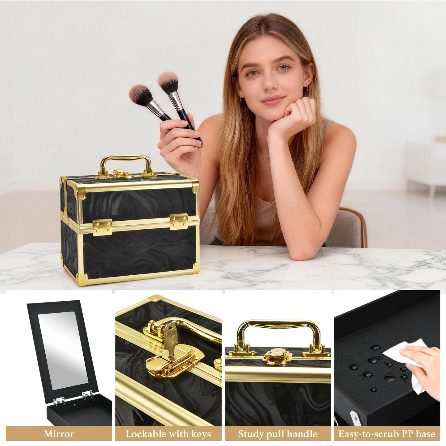 GALHUBIS Makeup Train Case, Portable Makeup Case with Mirror, 2-Trays Cosmetic Organizer Case,Nail Polish Organizer, Travel Makeup Box, Profesional for Salon Barber, Black Gold