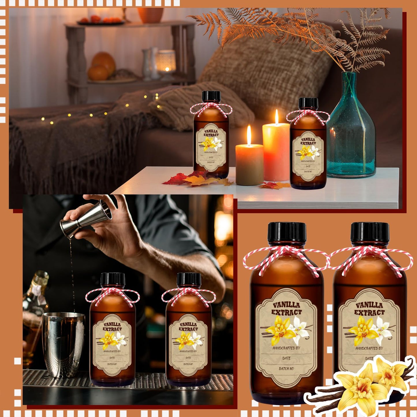 NVioAsport 8 Pack Amber Glass Vanilla Extract Bottles with Lids, 8 PCS Vanilla Extract Labels and Funnel, Glass Boston Vanilla Bottles for Syrup Gift, Jars Glass Bottles for Vanilla Extract (4oz)