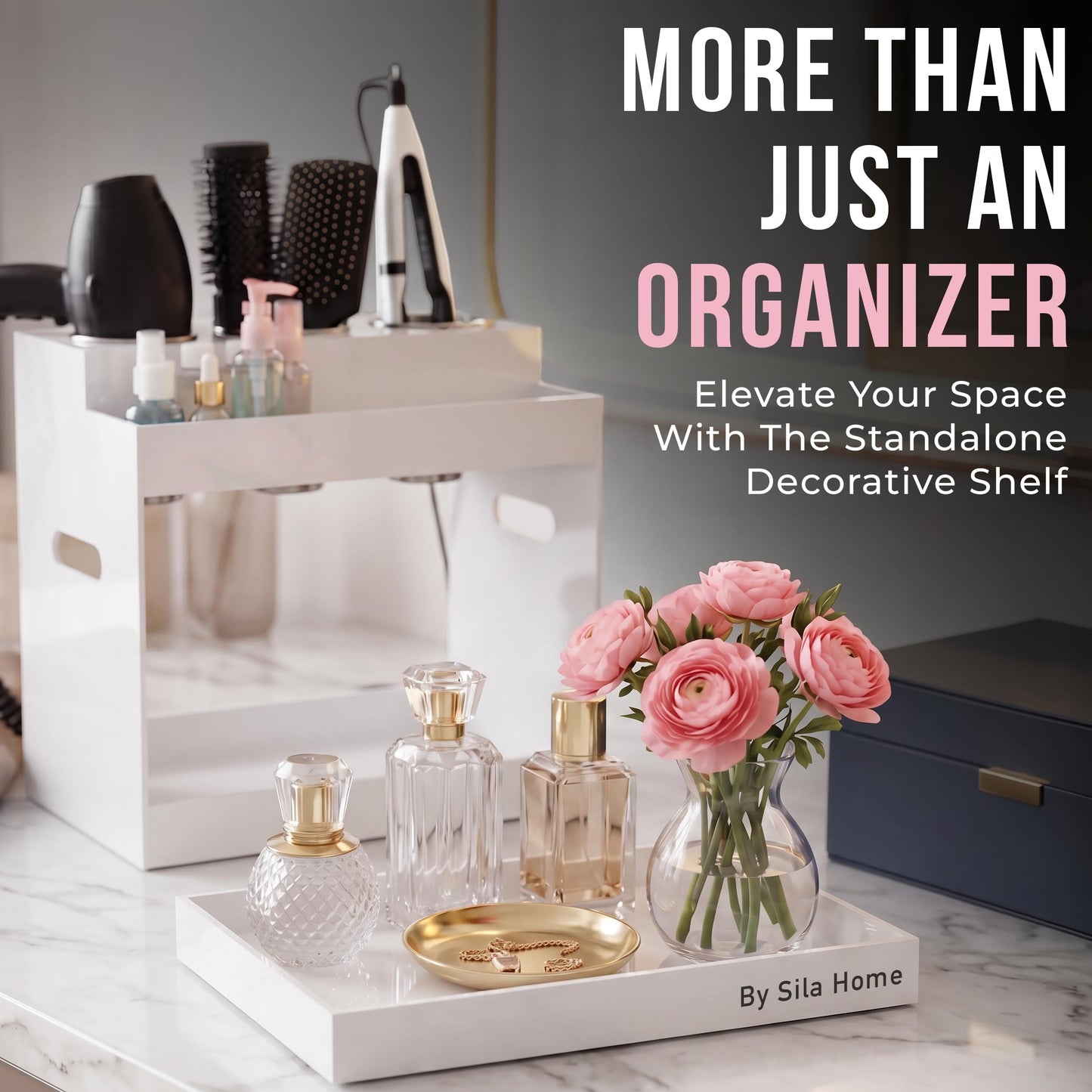 Hair Tool Organizer Countertop Extra Wide Bay | Bathroom & Hot Tools Organizer For Hair | Hairdryer Holder For Bathroom Vanity | Hot Tools Storage for Curling Iron Straightener, 3 Stainless Cups White
