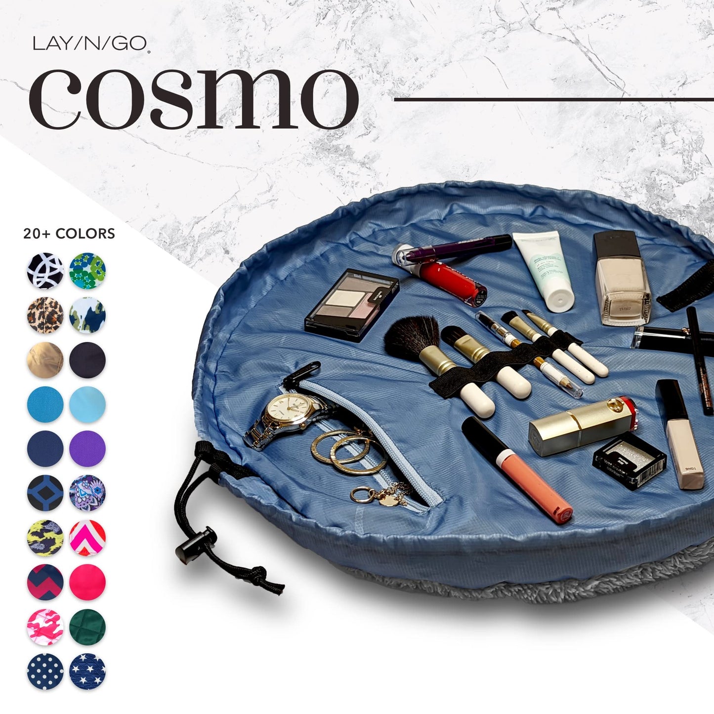Lay-n-Go Cosmo Drawstring Cosmetic & Makeup Bag Organizer - Portable Drawstring Makeup Bag w/Zipper Pocket, Makeup Loops & More - Durable, Machine Washable Toiletry Bag (20", Comfort/Blue)