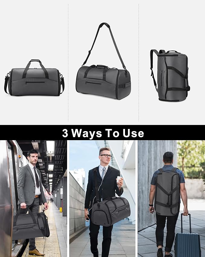 NPBAG Convertible Garment Duffle Bags for Travel - Carry on Garment Bag, Suit Bag for Men & Women, 3 in 1 Foldable Travel Duffle Backpack with Shoulder Strap (Grey)