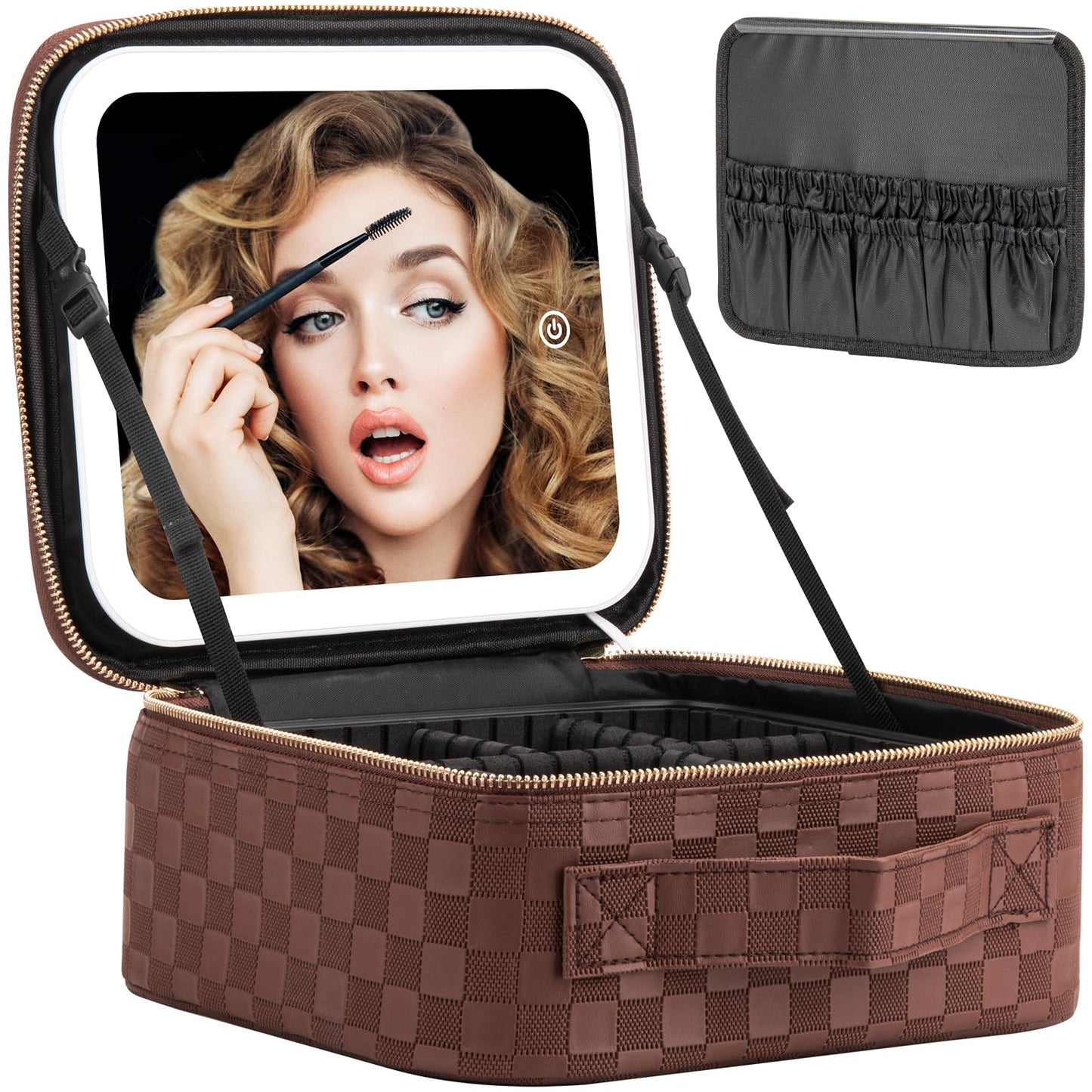 Extrei Gent Makeup Travel Train Case with Mirror LED Light 3 Adjustable Brightness Large Cosmetic Bag Portable Storage Adjustable Partition Waterproof Makeup Brushes Make up Jewelry Gift for Women