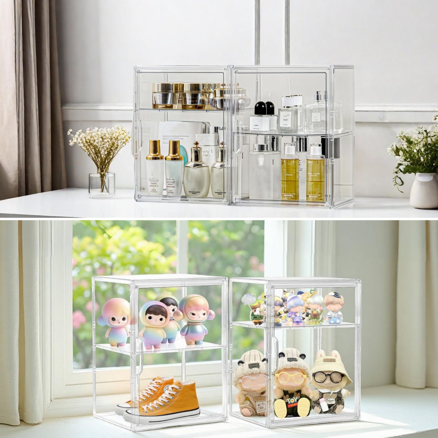 Attelite Acrylic Display Case for Collectibles, Clear Storage Bin with 3 Adjustable Layers, Stackable Storage Box with Magnetic Door for Figures, Home Office,Large,2 Tier Clear Storage Bin,4Pack