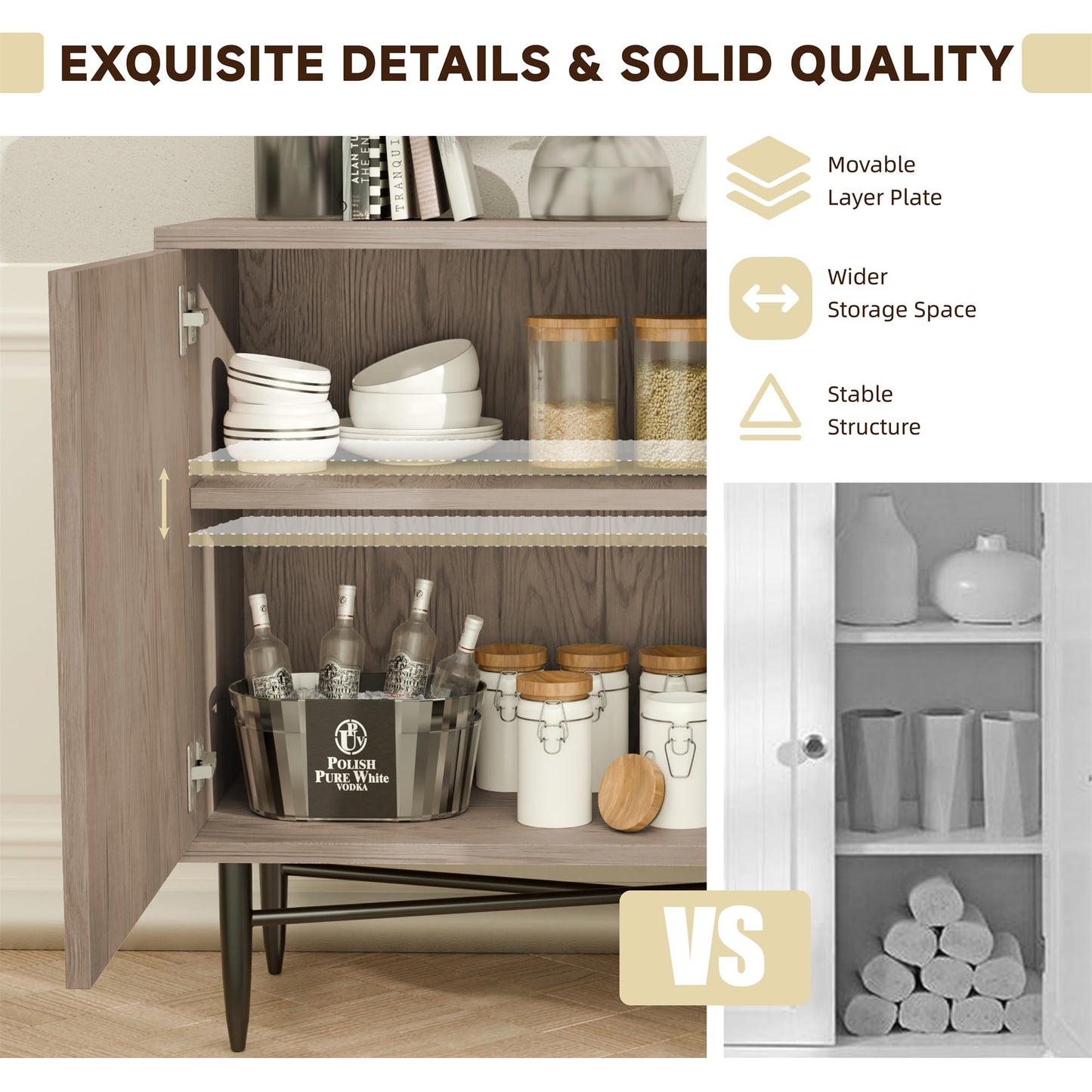 NEDYO Carved Decorative Storage Cabinet, Fluted Wooden Buffet, Sideboard with 2 Doors & Adjustable Shelf, Accent Cabinet for Living Room,Entryway, Kitchen and Dining Room. Oak