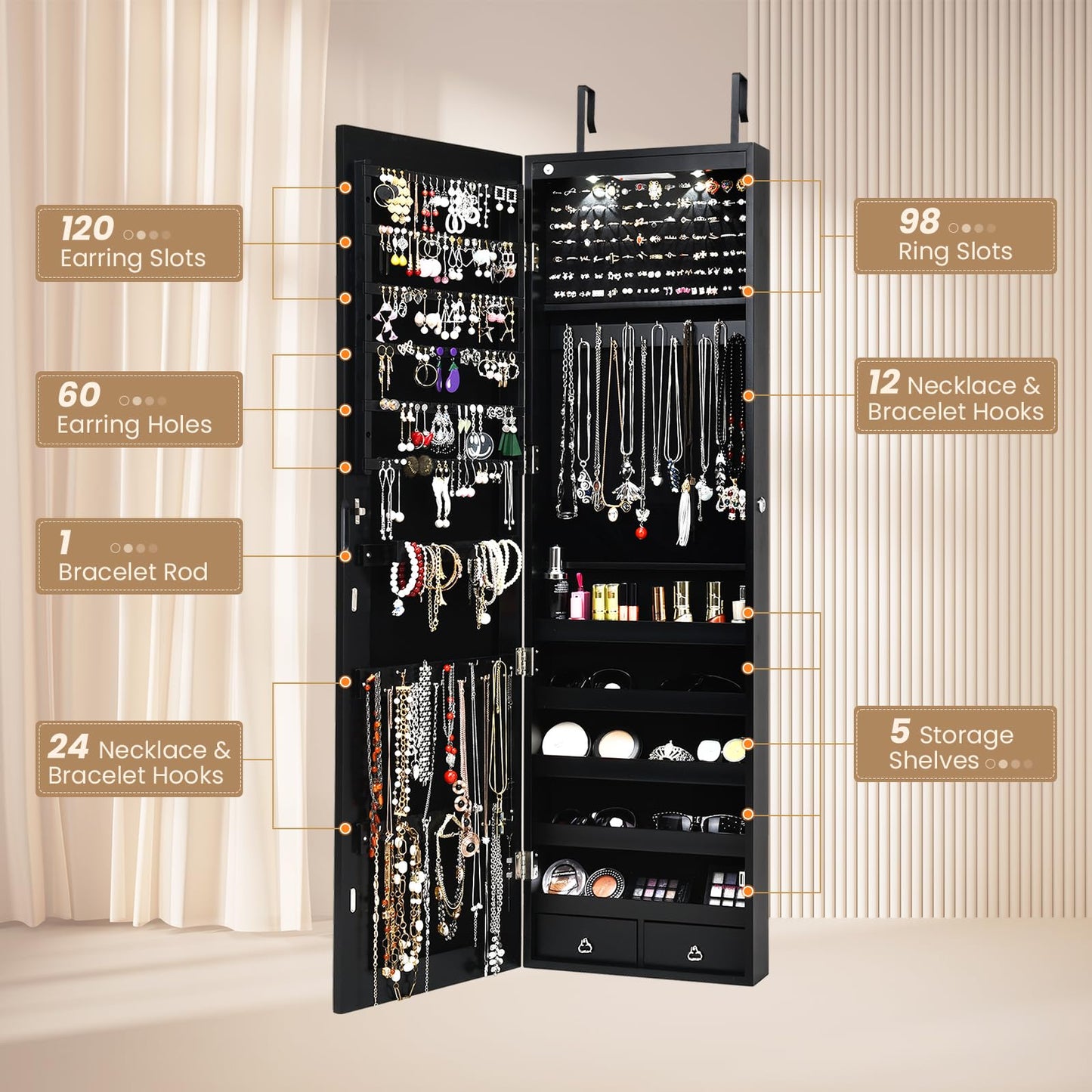 NAFORT 2 LEDs Jewelry Armoire with Full Length Mirror, 47.5" H Wall or Door Mounted Jewelry Cabinet with 2 Drawers, Lockable Jewelry Organizers and Storage, Hanging Jewelry Organizer, Black
