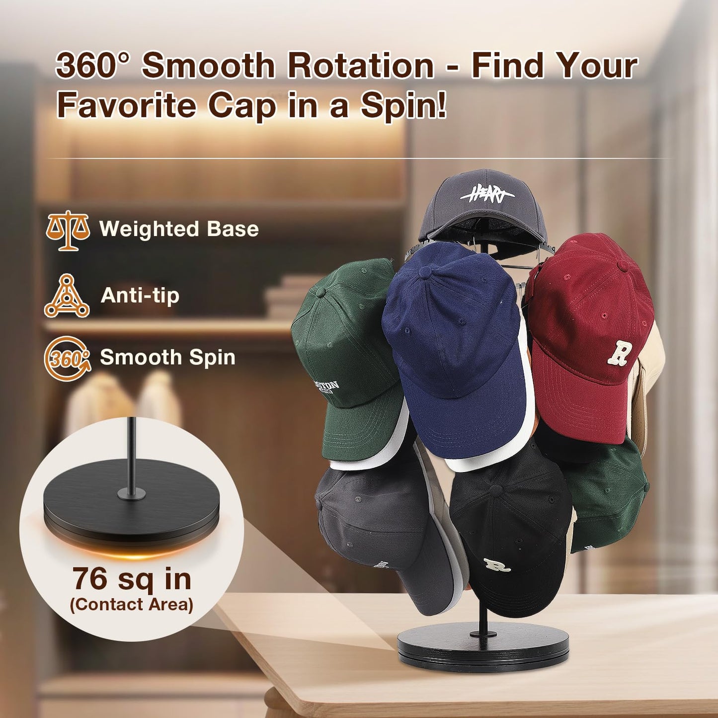 Keebofly Rotating Free Standing Hat Rack & Organizer Stand, 3-Tier Merchandise Display & Tabletop Baseball Cap Organizer Holds 40+ Caps, Portable for Vendor & Home Use in Bedroom, Closet, Entryway