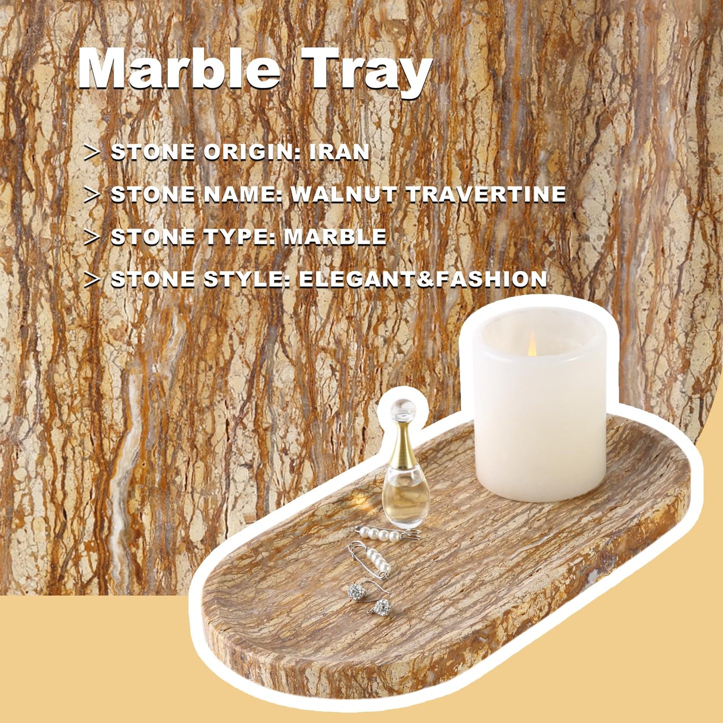 Koville Turkish Natural Marble Tray, 12"x6" Vanity Decorative Tray for Countertop Organizer, Catchall Tray for Perfume, Candles, Jewelry Dish