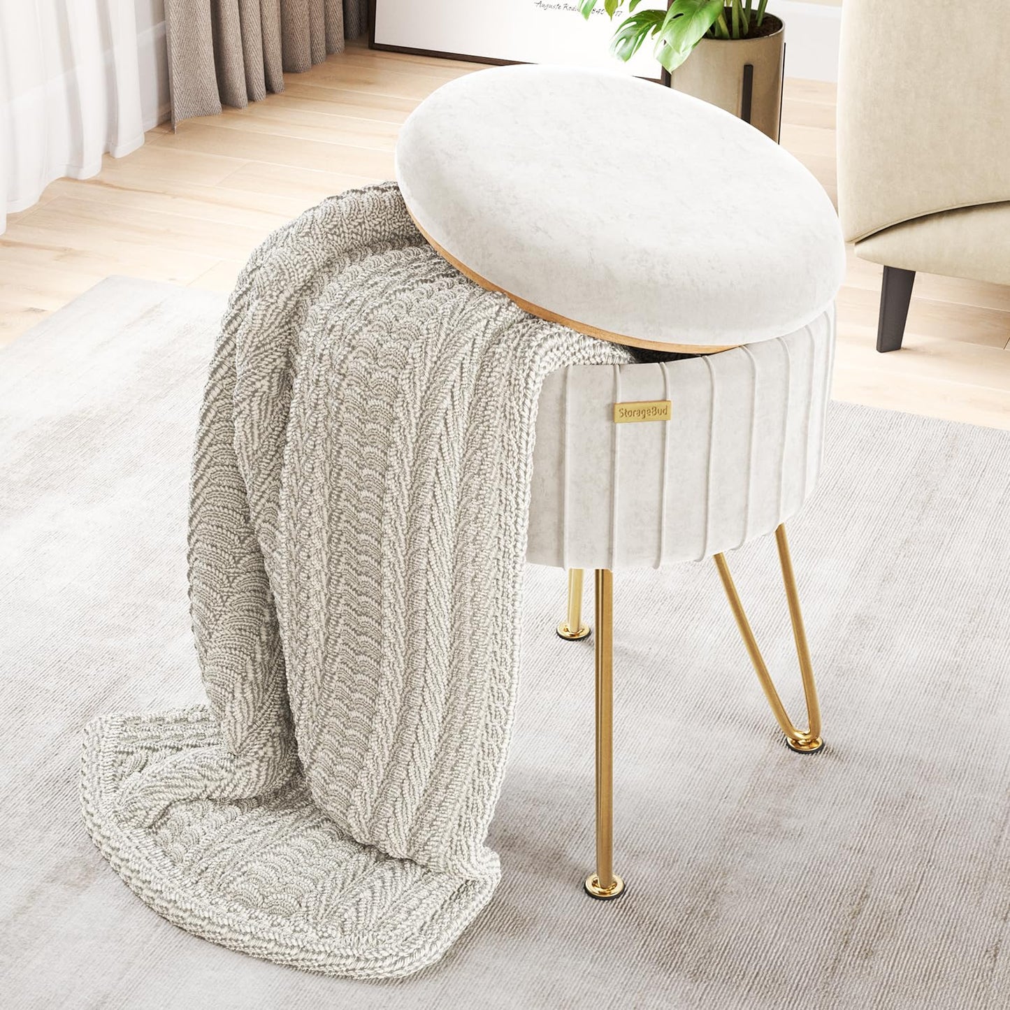 STORAGEBUD Round Ottoman with Storage, Pleated Velvet Storage Ottoman, Foot Stool Ottomans, Makeup Vanity Stool, Small Ottomans Foot Rest, Modern Vanity Stools for Living Room and Bedroom, Cream