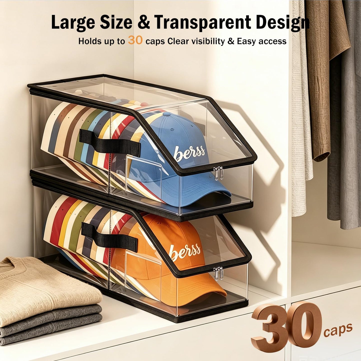 Uawsyut Foldable Clear Baseball Cap Storage Organizer – Stackable Transparent Hat Display Case with Zipper Closure 2PCS– Space-Saving Protective Unit for Baseball Caps & Accessories Black Trim