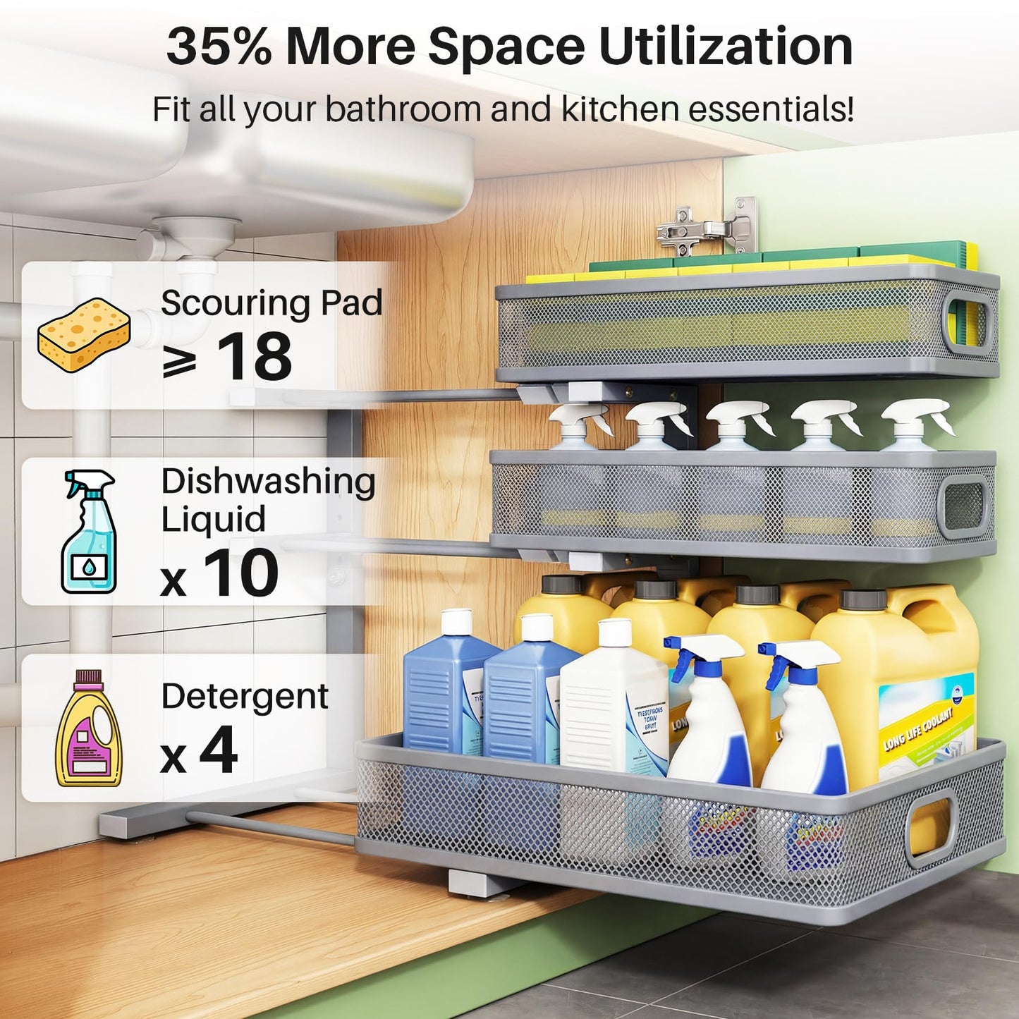 Kitstorack Under Sink Organizer, 2-Pack 3-Tier Height Adjustable Thickened Metal Pull out Cabinet Organizer Shelf, Slide out Storage Drawer Rack for Bathroom Kitchen Pantry Home Organization, Grey