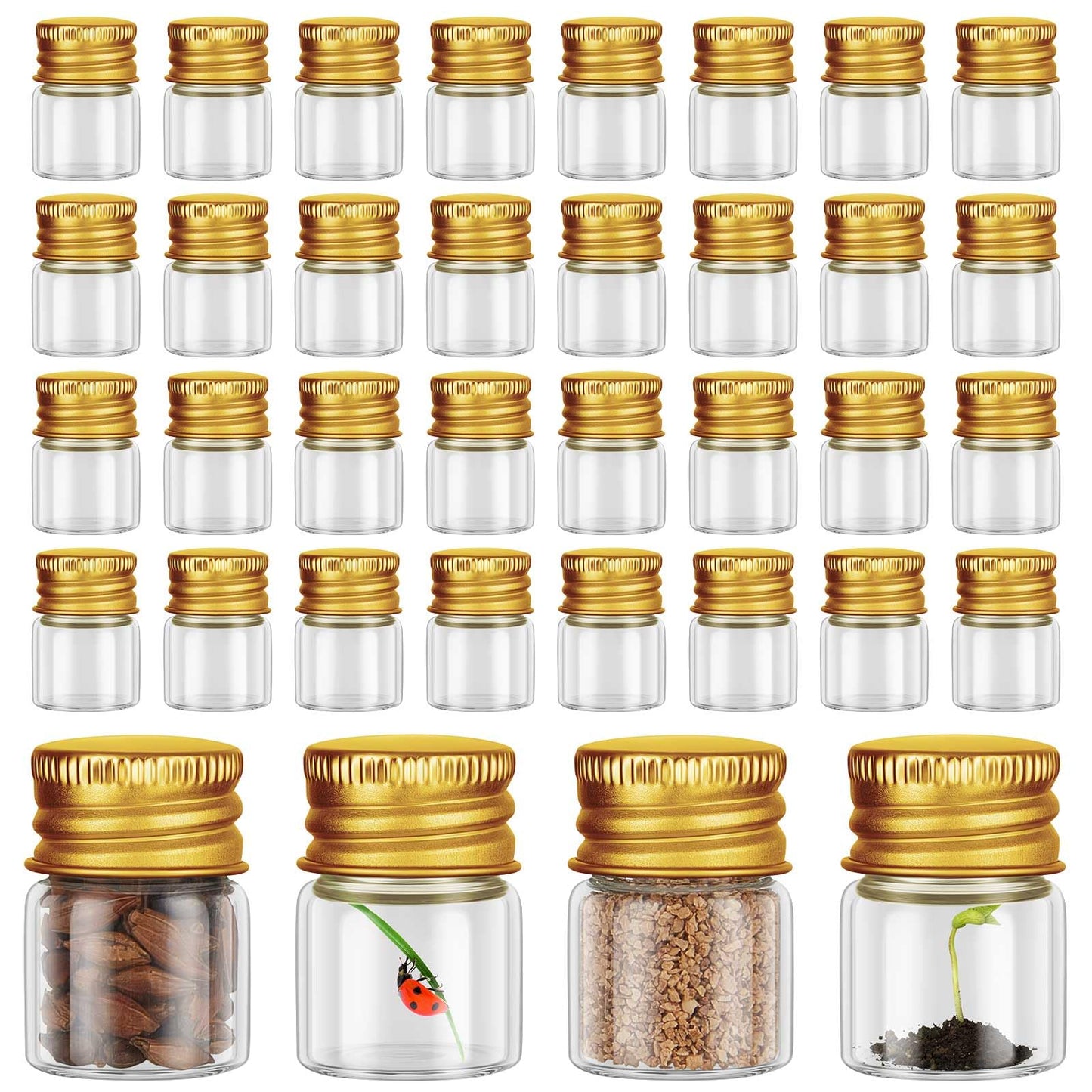 Tessco for you 200 Pcs 5 ml Mini Glass Bottles with Aluminum Cap Tiny Jars Mini Glass Jars Small Clear Vials with Screw Caps Tiny Containers for DIY Craft Storage (Gold)
