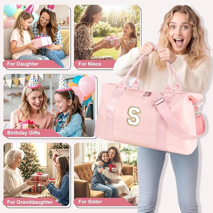 Dance Gym Duffel Bag for Teen Girls, Personalized Initial Travel Weekender Bag,Cute Overnight Carry On Duffle for Women,Sports Travel Cheer Bag,Monogram Christmas Gifts for Tween Preppy(pink-S)