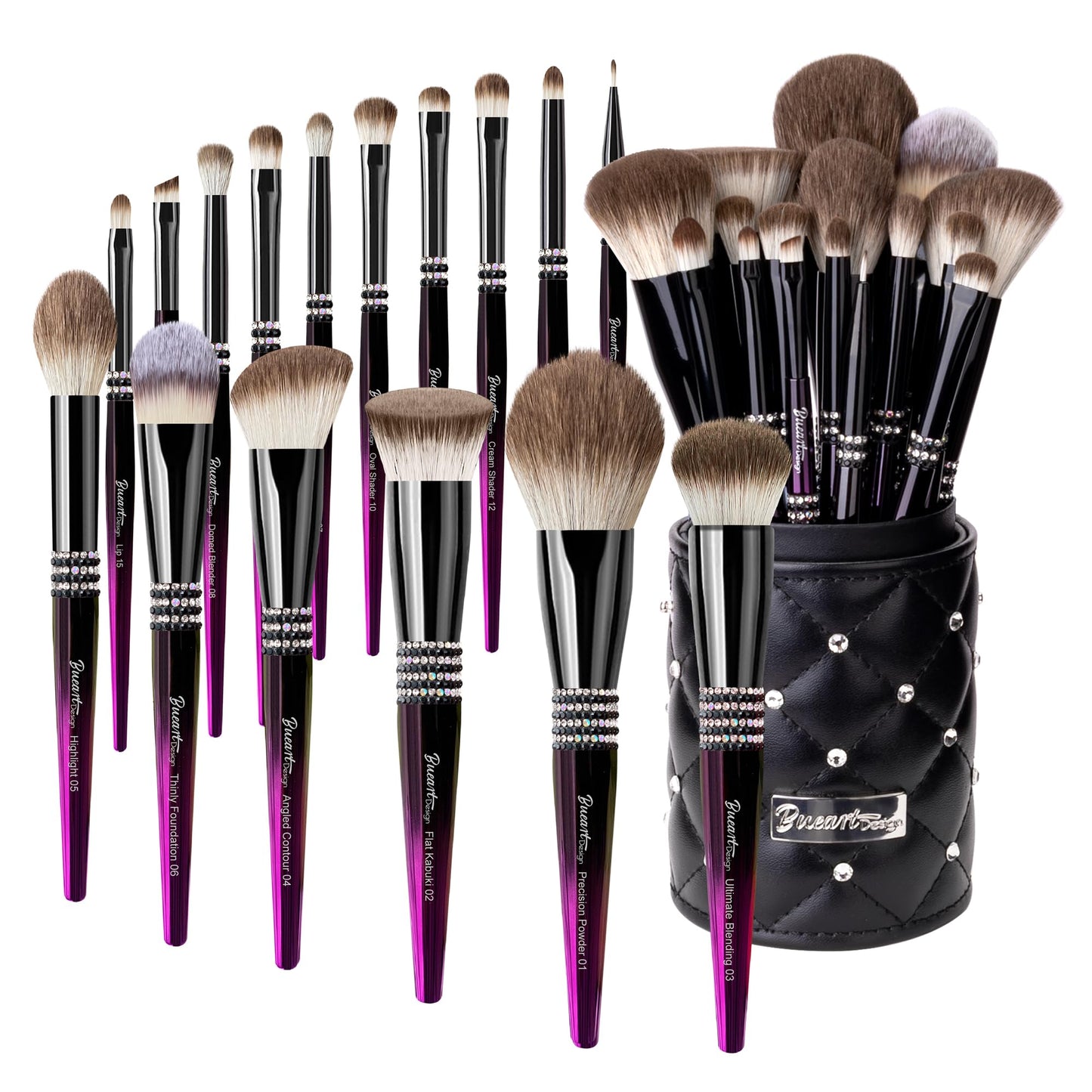 Bueart Design 16PCS Ultra Soft Makeup Brushes Sets with Holder,Professional Make up Brushes with Diamond(Purple-Black Gradient & Holder)