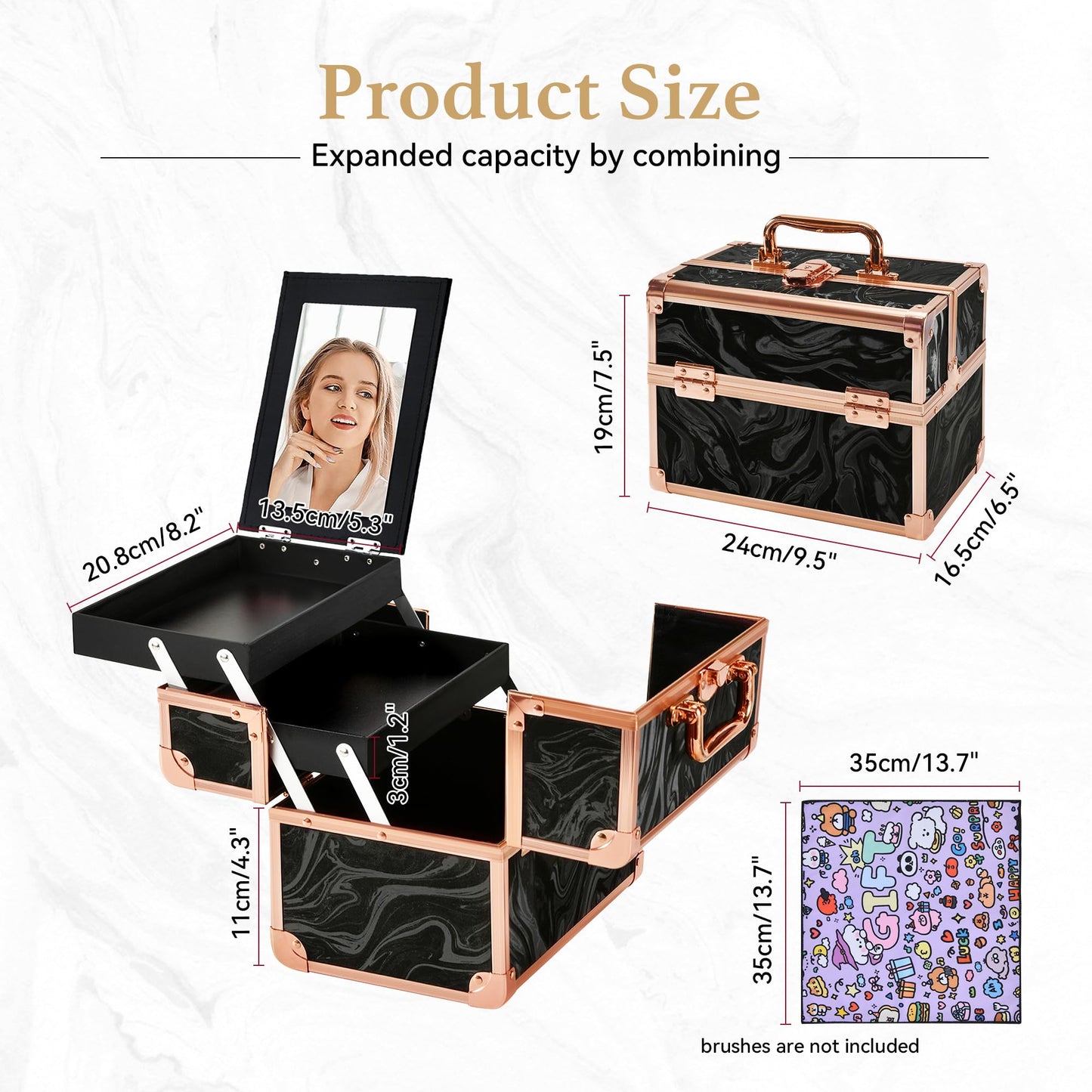 GALHUBIS Makeup Train Case, Portable Makeup Case with Mirror, 2-Trays Cosmetic Organizer Case,Nail Polish Organizer, Travel Makeup Box, Profesional for Salon Barber, Rose Gold Black