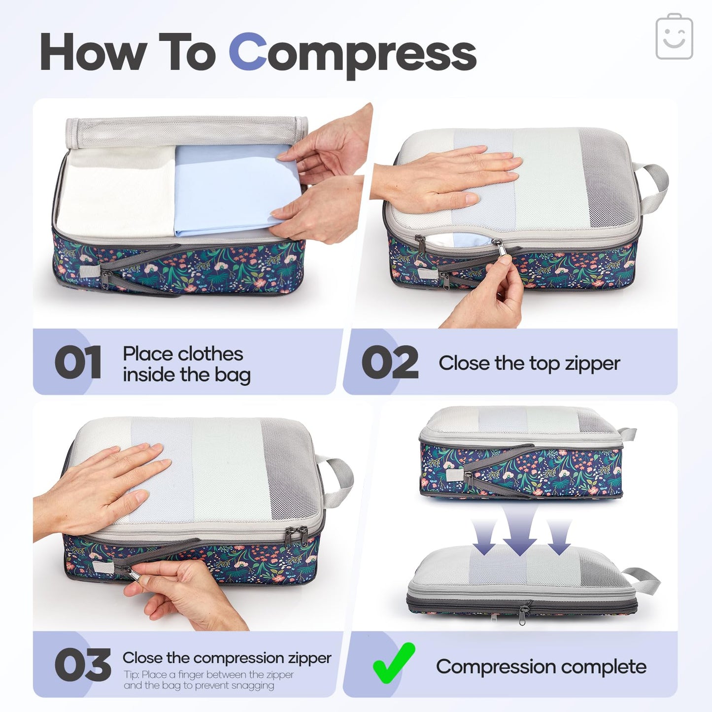 Veken 11-Pack Compression Packing Cubes for Travel Essentials,Compressible Expandable Large Luggage Suitcase Organizer Bags for Clothing,Durable Space Saver Bags with Toiletry Bags(Dark Blue Floral)
