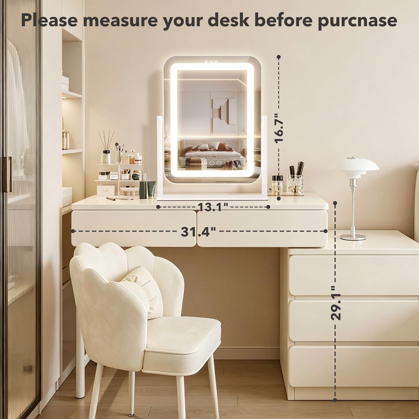 Vanity Mirror with Lights,13.1"×16.7"LED Makeup Mirror,Lighted Makeup Mirror with Lights, Smart Touch Control Dimmable 3 Modes Light, Lighted Up Mirror for Makeup Desk, Bedroom, Dressing Room