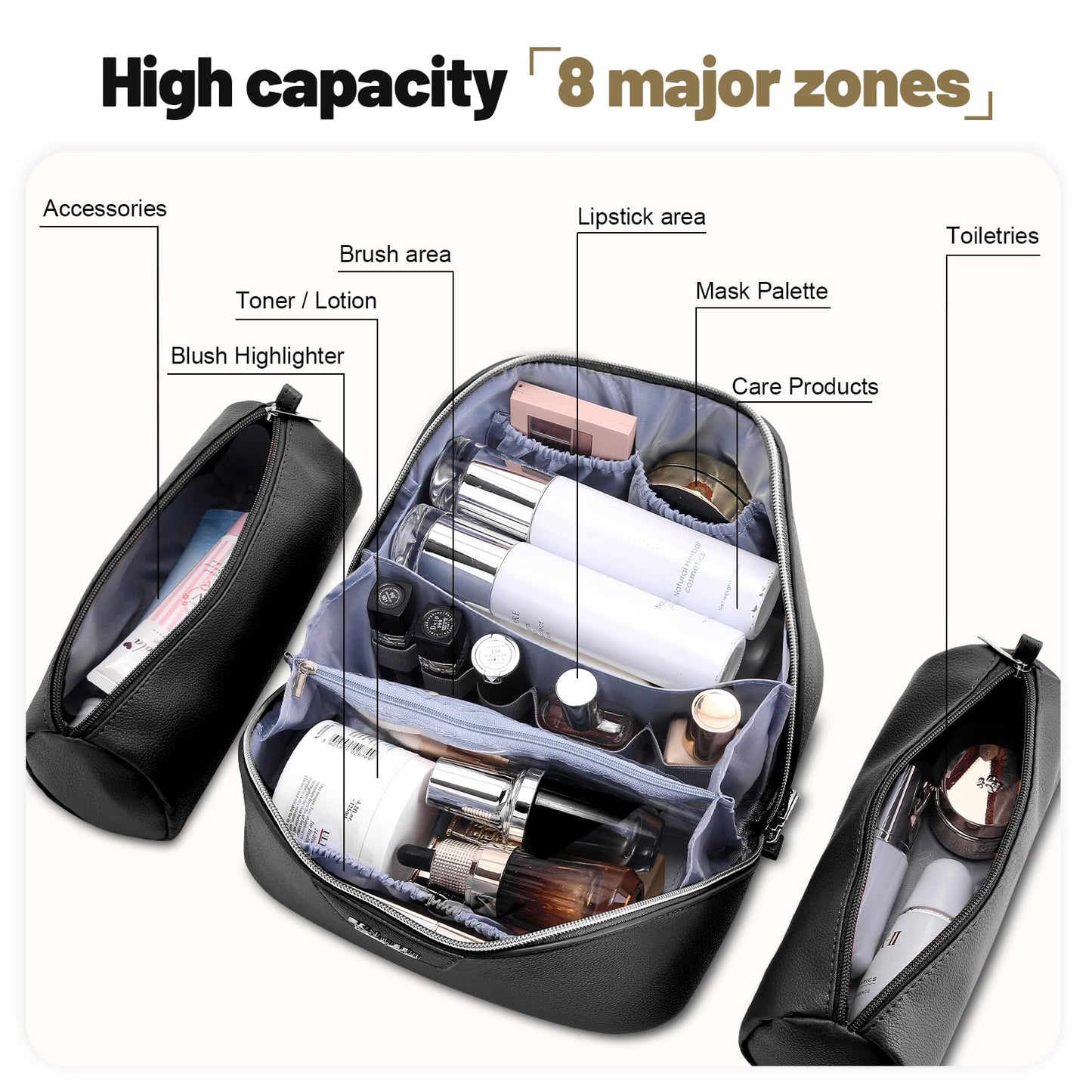 BOYATU Travel Makeup Bag Cosmetic Bags for Women: Large Capacity 3 Pcs Set Make up Bag with Compartments - Waterproof Vegan Leather Toiletry Organizer Bags with Handle (L26Black)