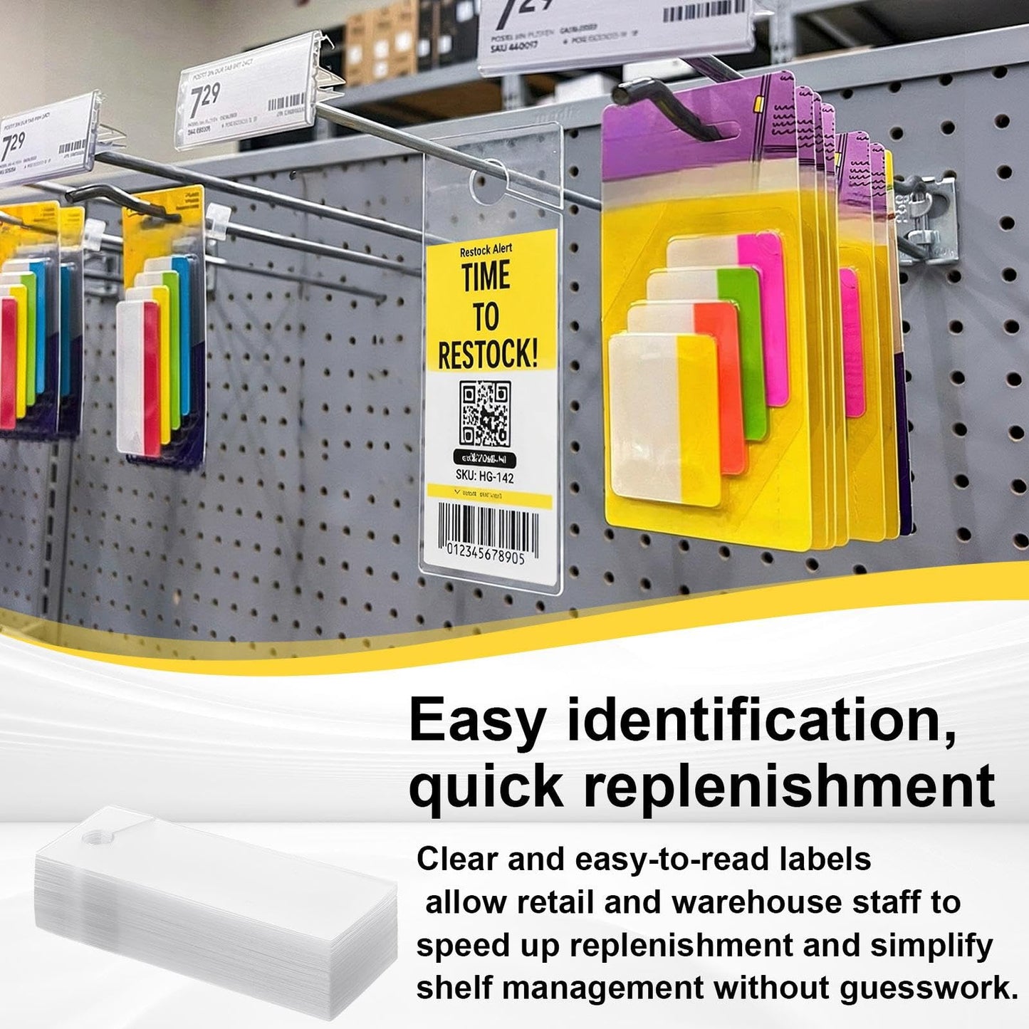Bucherry 500 Pcs Clear Plastic Peg Hook Label Holders 3.25" X1.25" Clear UPC Tag & Reorder Ticket Tabs for Pegboard, Slatwall & Gridwall Hooks Durable Retail Price Label Display Easy Slide-on Design