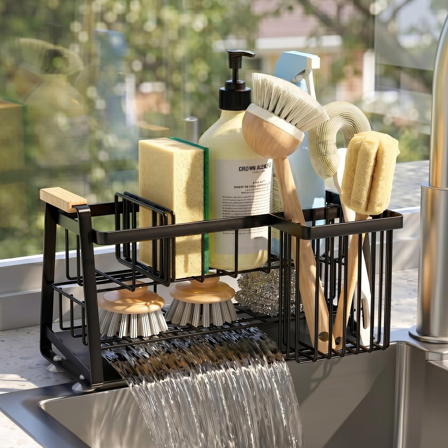 Housolution Sink Caddy Organizer, 2-Tier Sponge Holder for Kitchen Sink with Flexible High Brush Holder, Kitchen Countertop Storage Accessories, Soap Dispenser Organizer, Rustproof