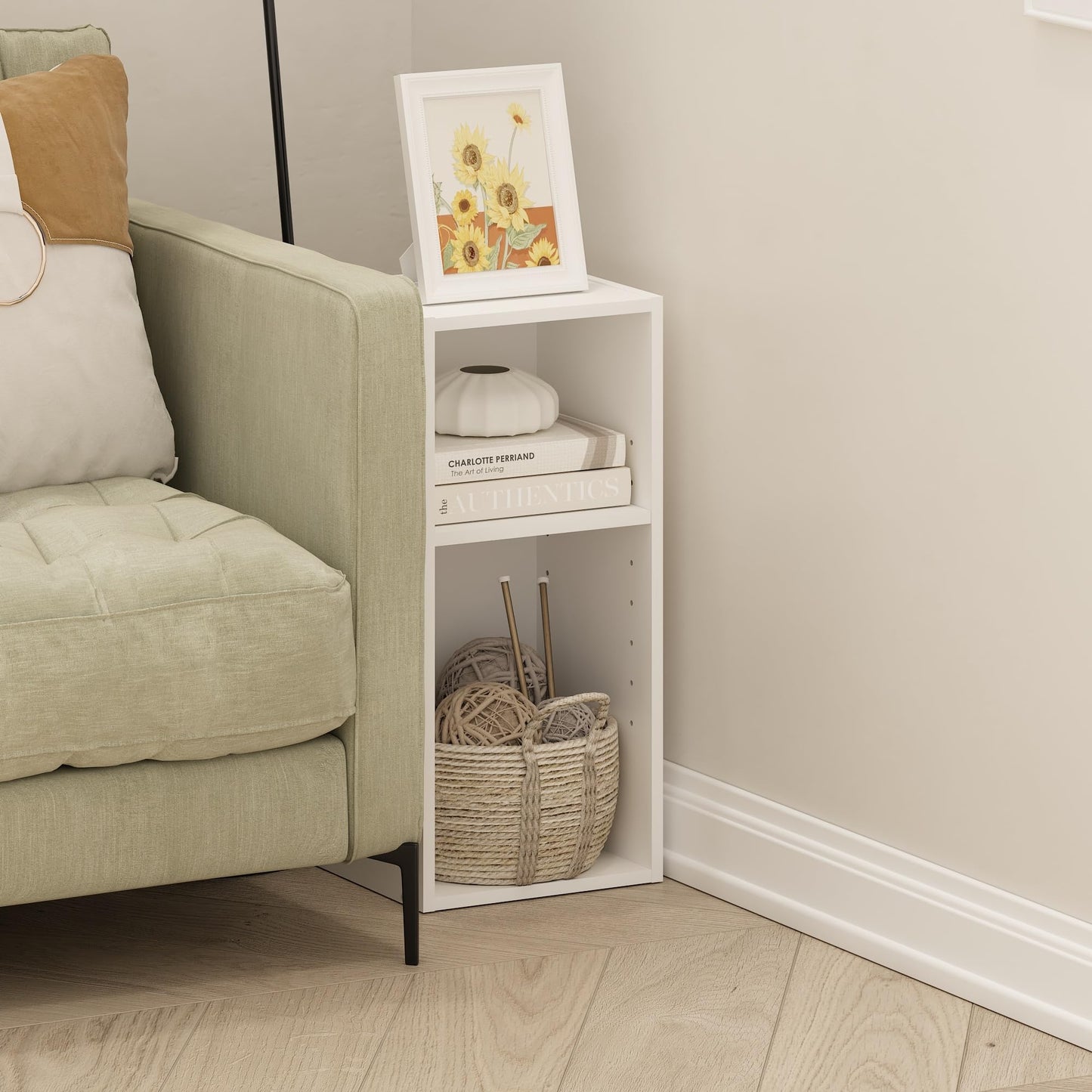 Furinno Fulda Book Shelf, 2-Tier Narrow Bookshelf, Bookcase with 10-in Width Storage Shelf, 9.3 x 9.8 x 21.2, for Living Room, Bedroom, Home Office, White