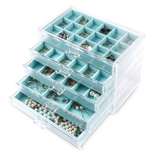 Frebeauty Acrylic Jewelry Organizer Earring Organizer Box with 5 Drawers Earring Holder Organizer with Velvet Trays Clear Jewelry Box for Women Earring Display for Rings Studs(Turquoise)