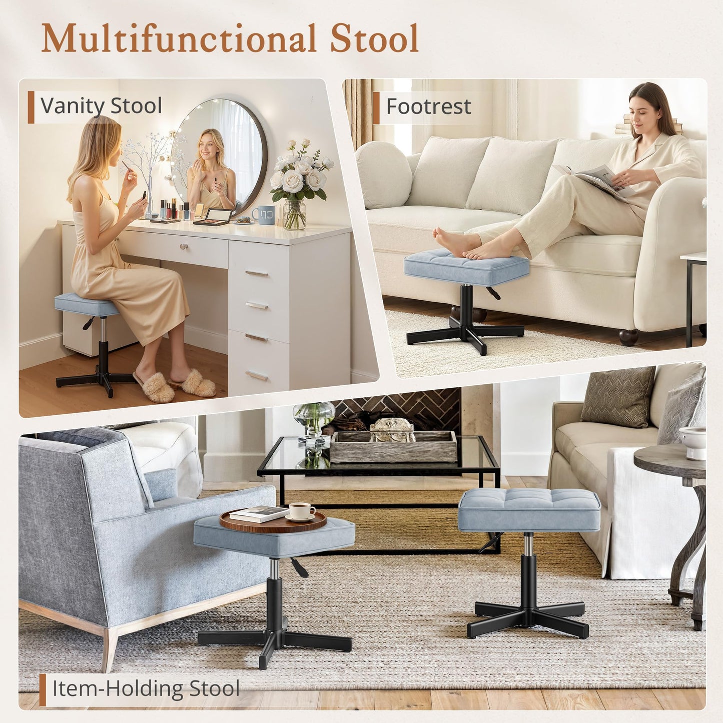 LUE BONA Adjustable Vanity Stool, 15''-19.5'' Foot Rest Under Desk, 360° Swivel Vanity Chair for Makeup Room, Blue Upholstered Faux Leather Ottoman for Bathroom & Living Room, 300lbs