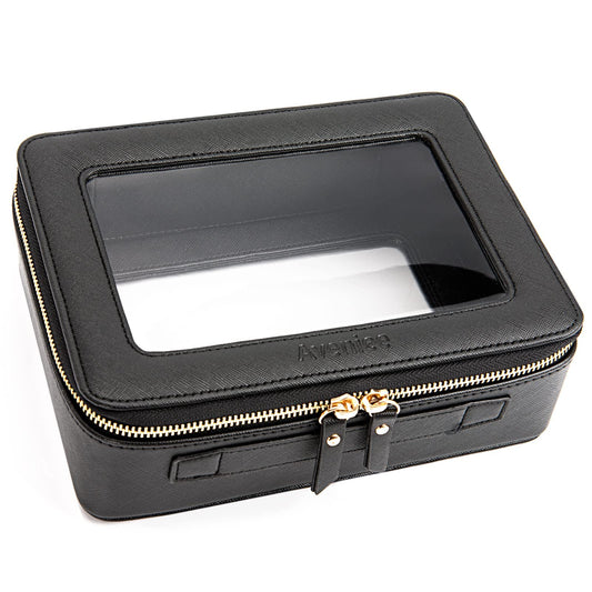 Aveniee Clear Makeup Bag Organizer, Portable Travel Toiletry Cosmetic Bag Case for Women, Heavy Duty Clear Pouch with zipper with Transparent Vinyl Windows & Gold Zippers(Black)