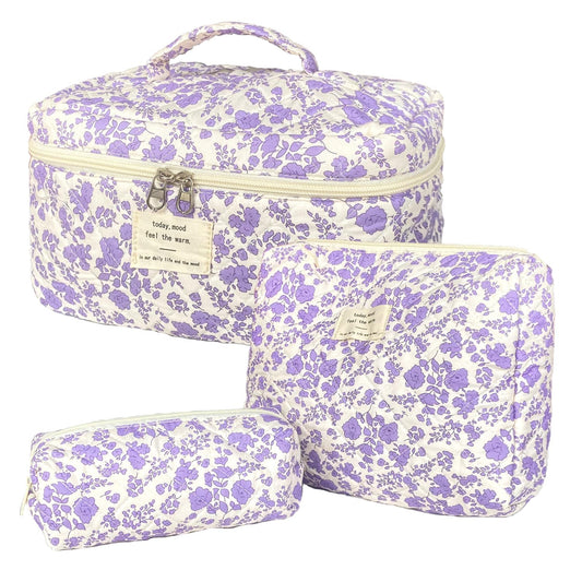 WYJ Purple Large Quilted Floral Makeup Bag Set of 3 Cute Coquette Aesthetic Cosmetic Bag Set Travel Toiletry Bag for Women