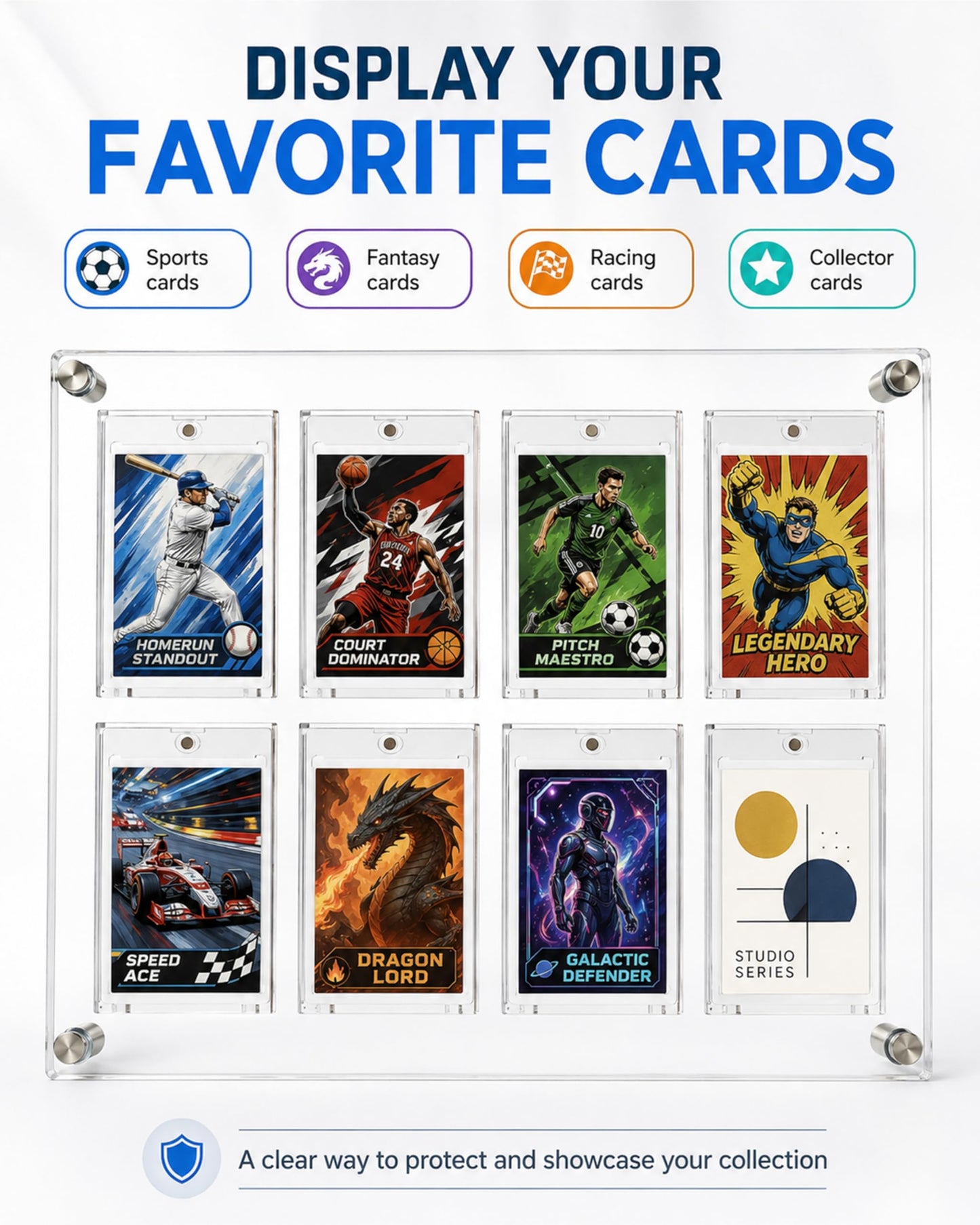 Acrylic 8 Card Display Frame with 8 Magnetic UV Protection Card Cases, Wall Mounted & Desktop Trading Card Display Stand for Sports Cards, Baseball Cards, Football Cards, Basketball Cards, TCG Cards