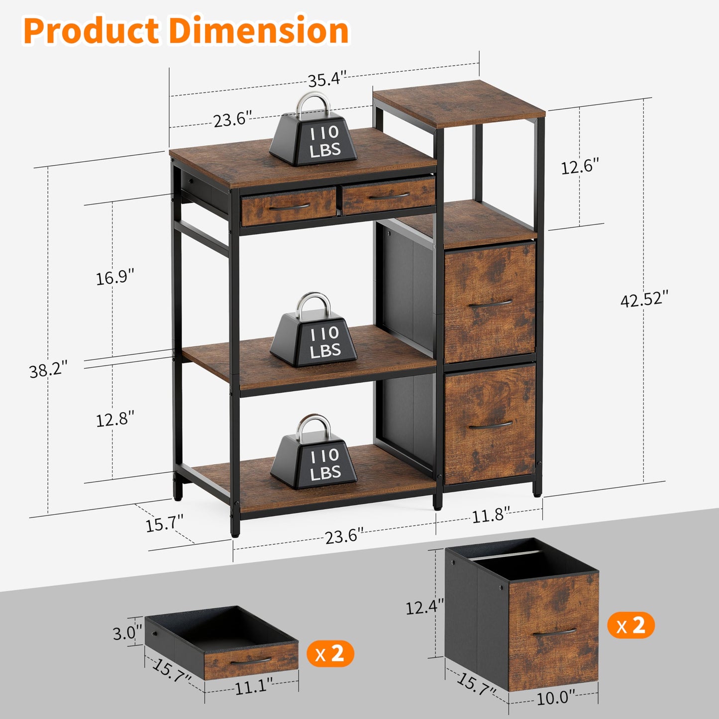 JUSTOGO Printer Stand with 4 Drawer, 43" x 36" x 16" Extra Large File Cabinet with Open Storage Shelf, 5 Tier Printer Table Lateral Filing Cabinet for Home Office, Rustic Brown