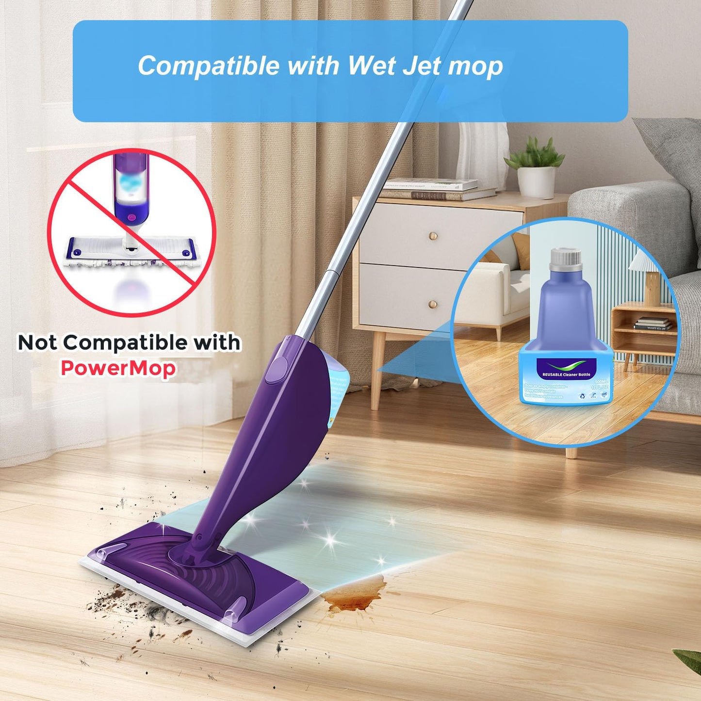 DrFlito Refillable Bottle for Swiffer® Wet Jet™ Mop – 500ml /17 FL OZ, Leak-Proof HDPE Solution Refill Bottle with 18 Silicone Gaskets & 1 Funnel,Easy Install for Use with Any Cleaning Solution