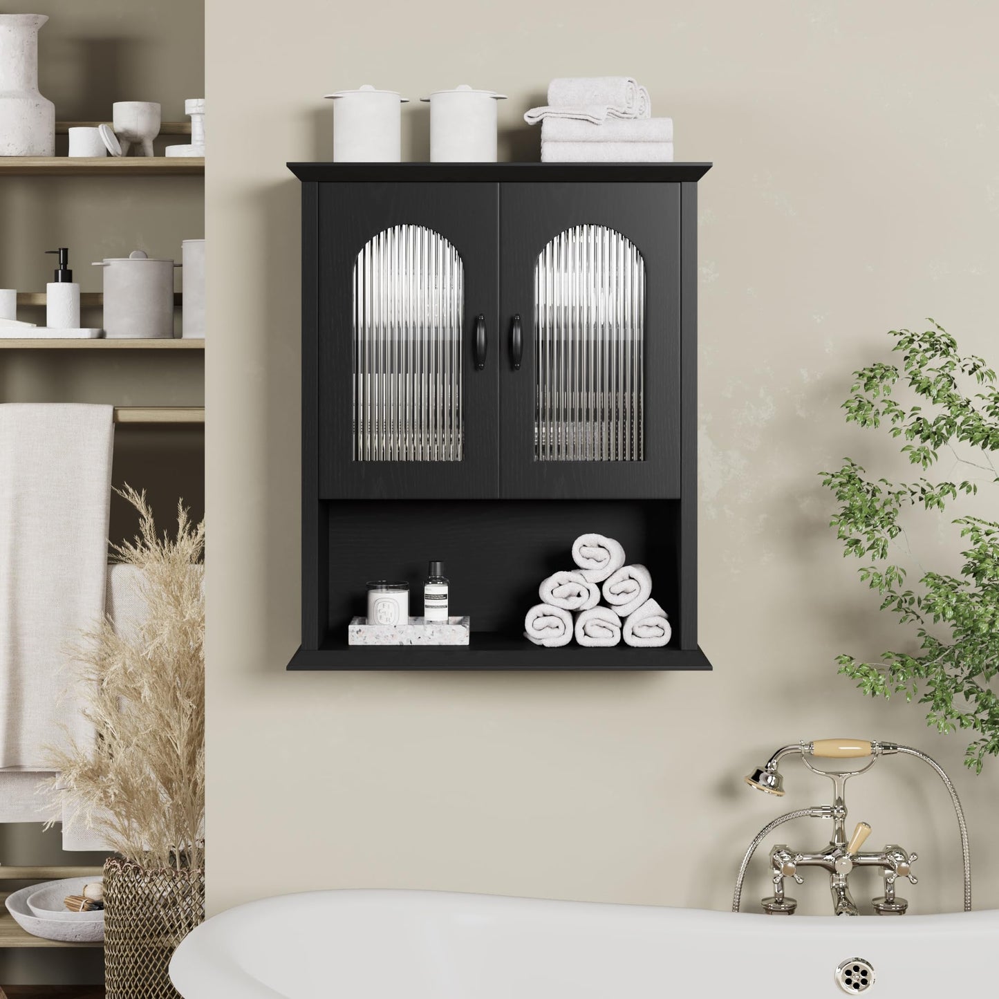 CJL Bathroom Wall Cabinet with Fluted Door, 18.9'' x 23.6'' Medicine Cabinet, Over The Toilet Storage Cabinet, Black