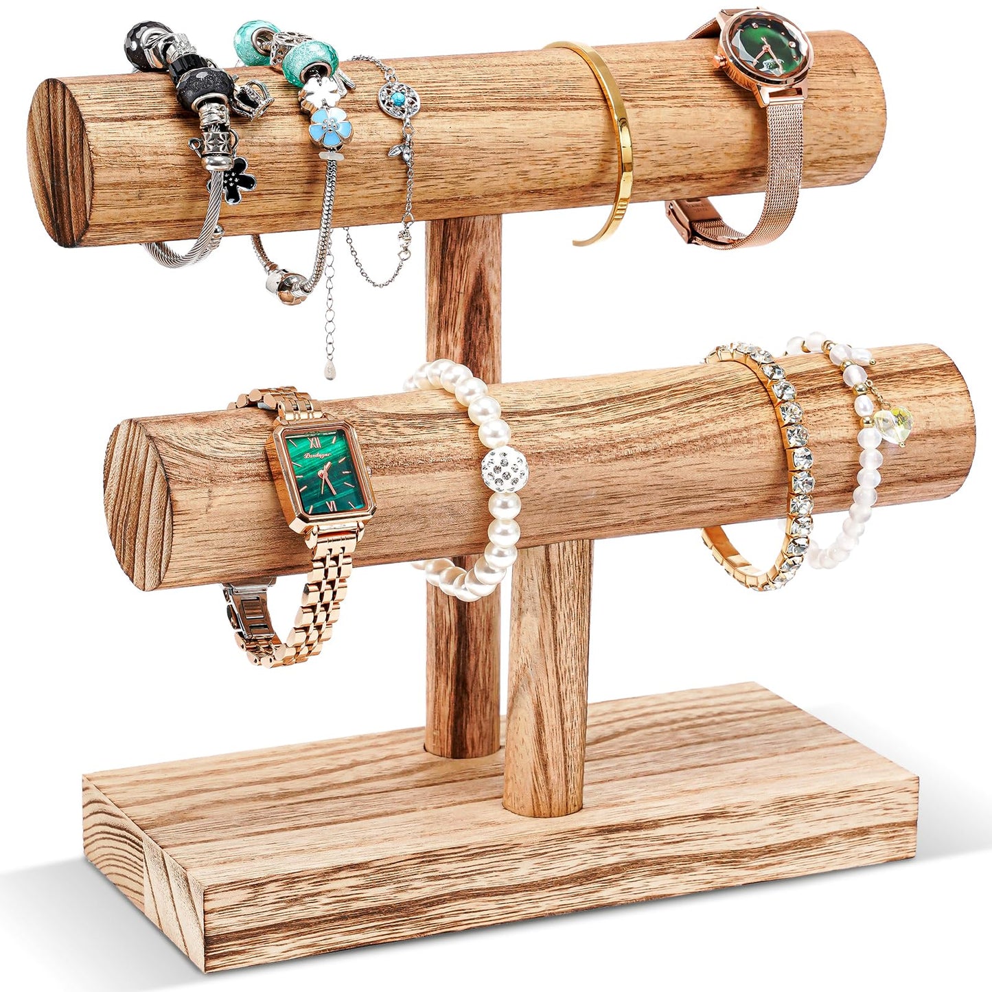 ProCase Bracelet Holder Display Bracelet Organizer, Wooden Bracelet Stand for Selling, T-bar Bangle Storage Rack Wood Watch Display Tower for Business - 2 Tier, Nature