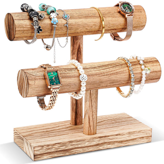 ProCase Bracelet Holder Display Bracelet Organizer, Wooden Bracelet Stand for Selling, T-bar Bangle Storage Rack Wood Watch Display Tower for Business - 2 Tier, Nature
