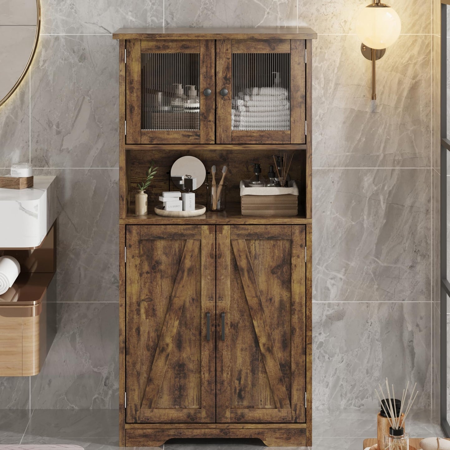 IDEALHOUSE 50" Tall Bathroom Cabinet, Freestanding Bathroom Storage Cabinet with 4 Doors and Adjustable Shelves, Cupboard Modern Storage Cabinet for Kitchen, Pantry, Living Room, Rustic Brown