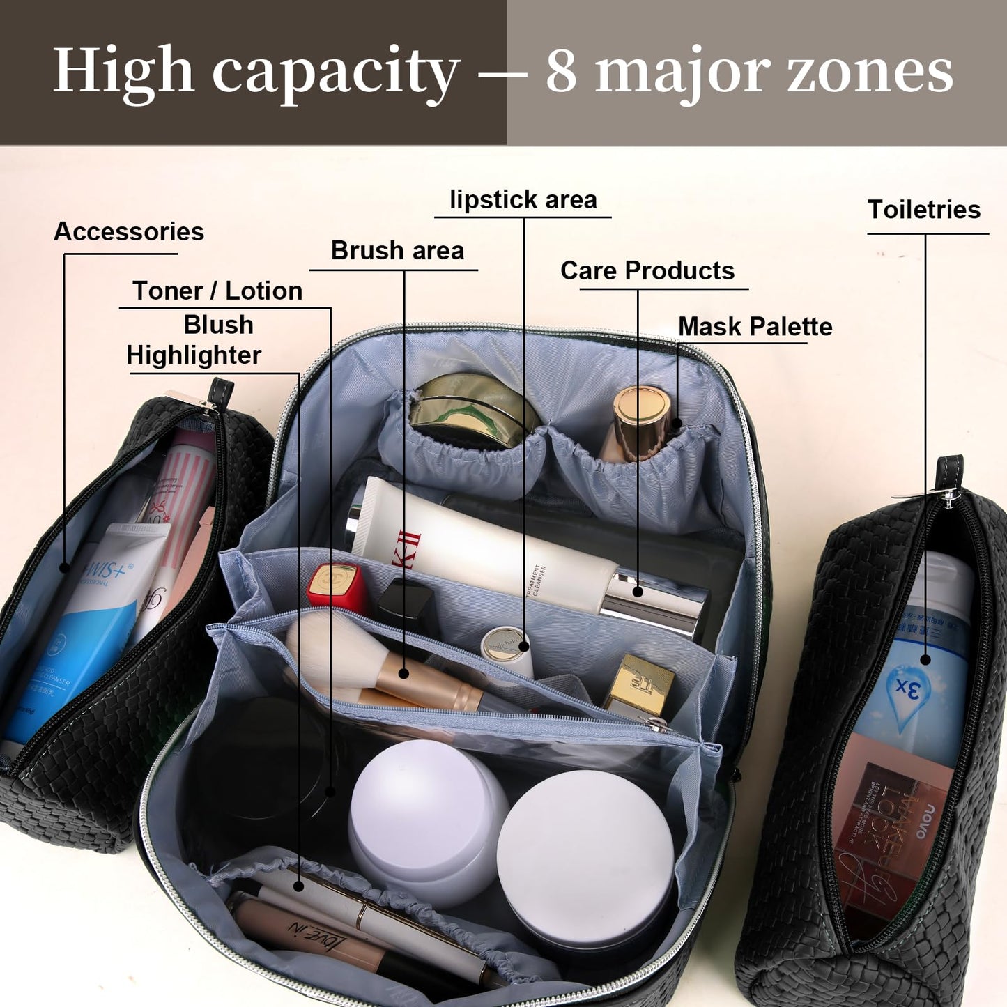 BOYATU Travel Makeup Bag Cosmetic Bags for Women: Large Capacity 3 Pcs Set Make up Bag with Compartments - Waterproof Vegan Leather Toiletry Organizer Bags with Handle (L15 Black)
