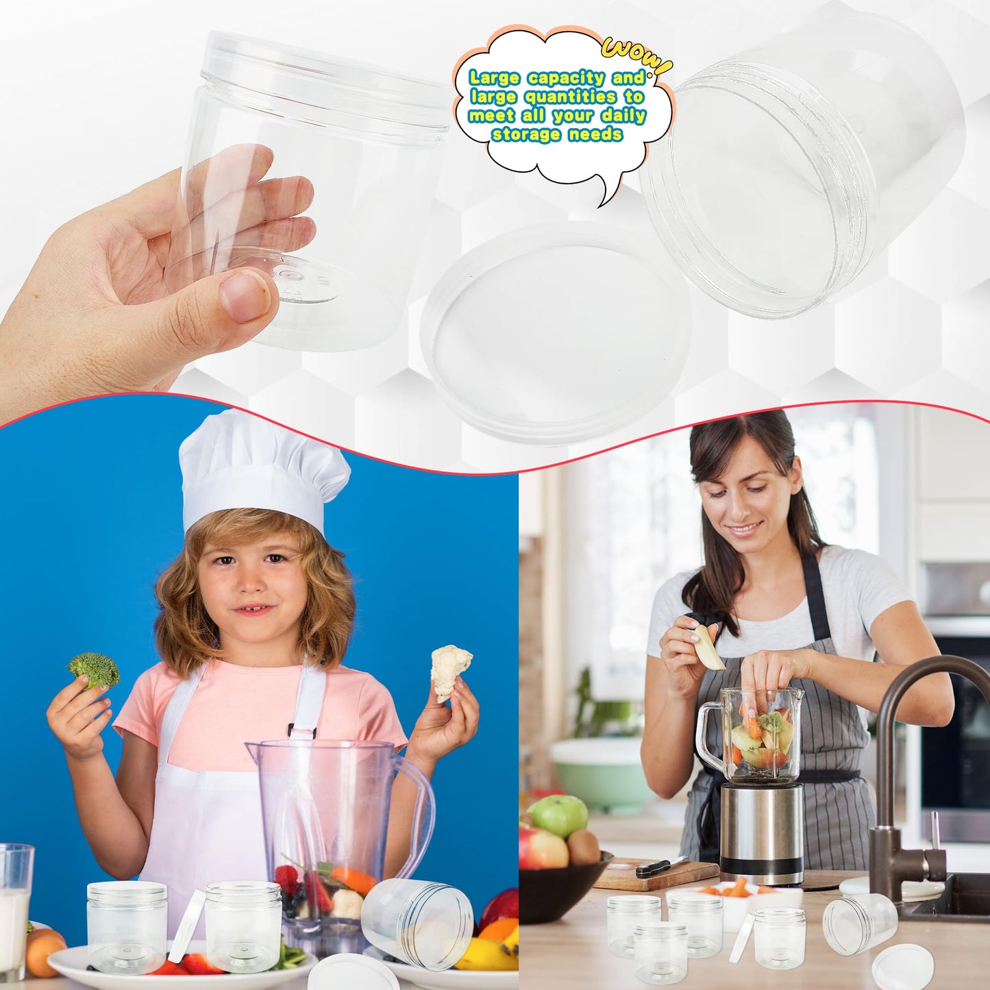 Conagel 20 Pack 12oz Clear Plastic Jars with Lids Plastic Empty Cosmetics Containers Storage Jars Refillable Empty Containers for Kitchen Storage Spices Dry Food Body Butter Making