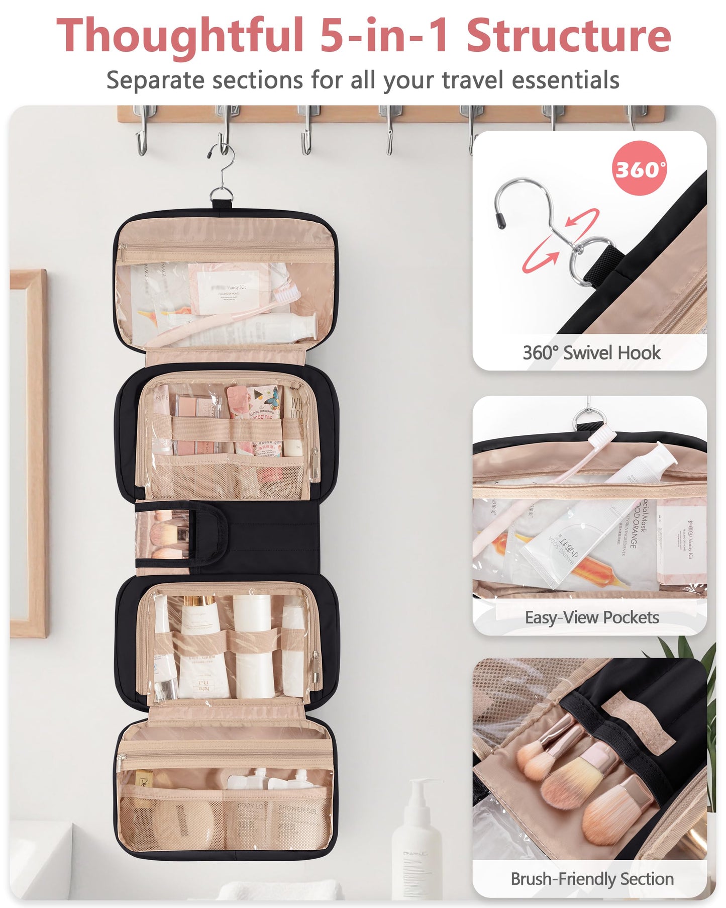 Marscamd Travel Toiletry Bag for Women with Hanging Hook, Puffy Makeup Organizer with Brushes Slots for Bathroom, Shower and Beauty Essentials, Black