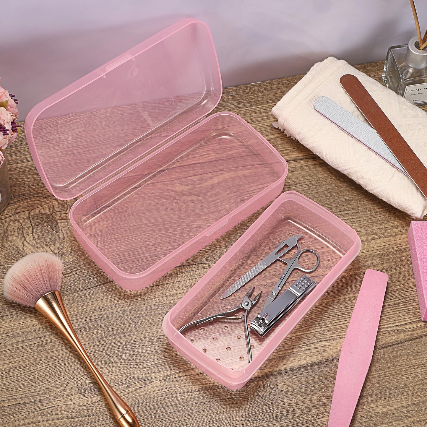 JUXYES Plastic Sterilizing Tray for Nail Art Accessories Tools, Portable Nail Art Tool Sterilizer Tray with Strainer, Fully Transparent Storage Box Organizer for Tweezer, Manicure Tools