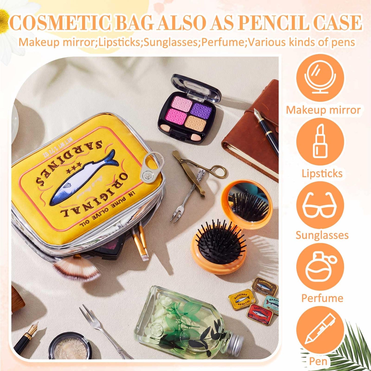 Reginary 2pcs Canned Sardines Makeup Bag + Mini Folding Hair Brush with Mirror, Tin Fish Kawaii Cosmetic Pouch, Cute Pencil Case, Waterproof Travel Toiletry Bag for Women, Party Favors, Gifts(Yellow)
