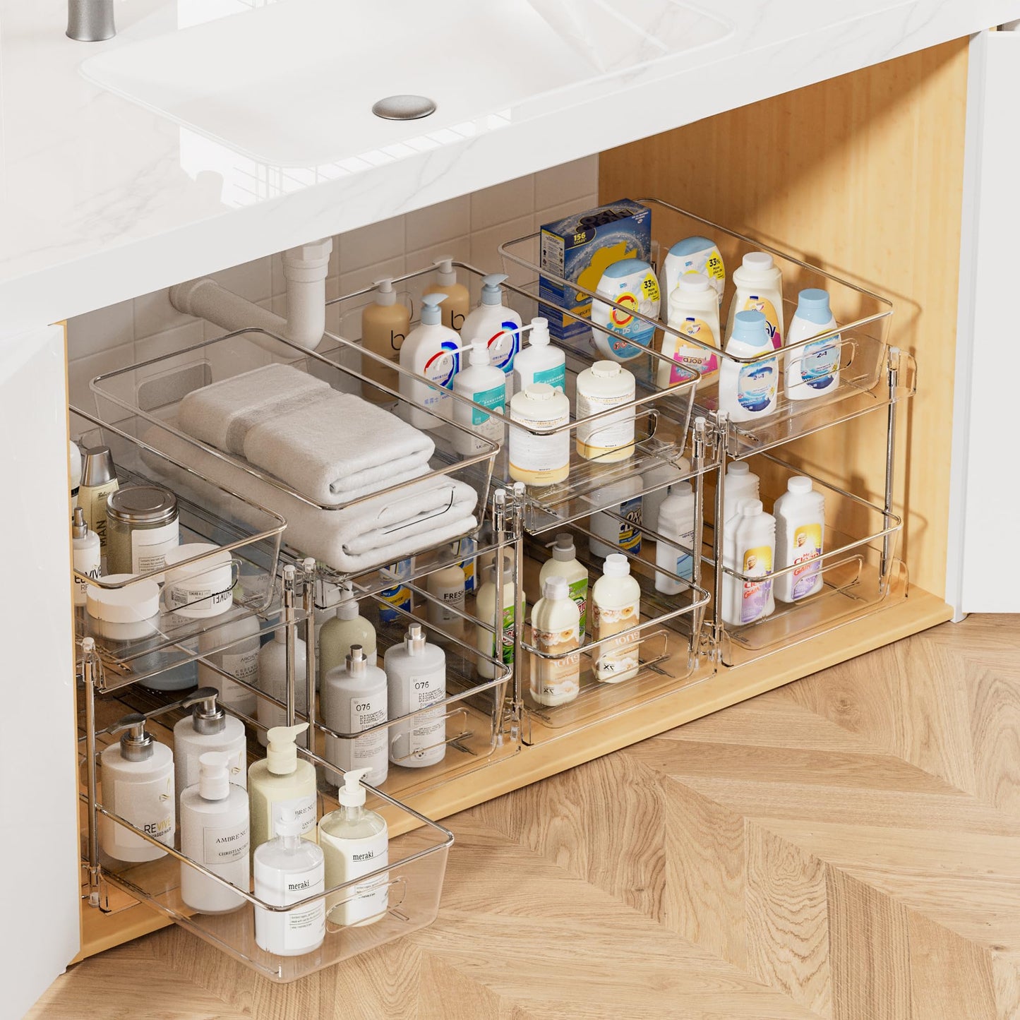 Vtopmart 4 Pack Bathroom Under Sink Organizers Organizer, 2 Tier Clear Pull-Out Organization (S-Standard)