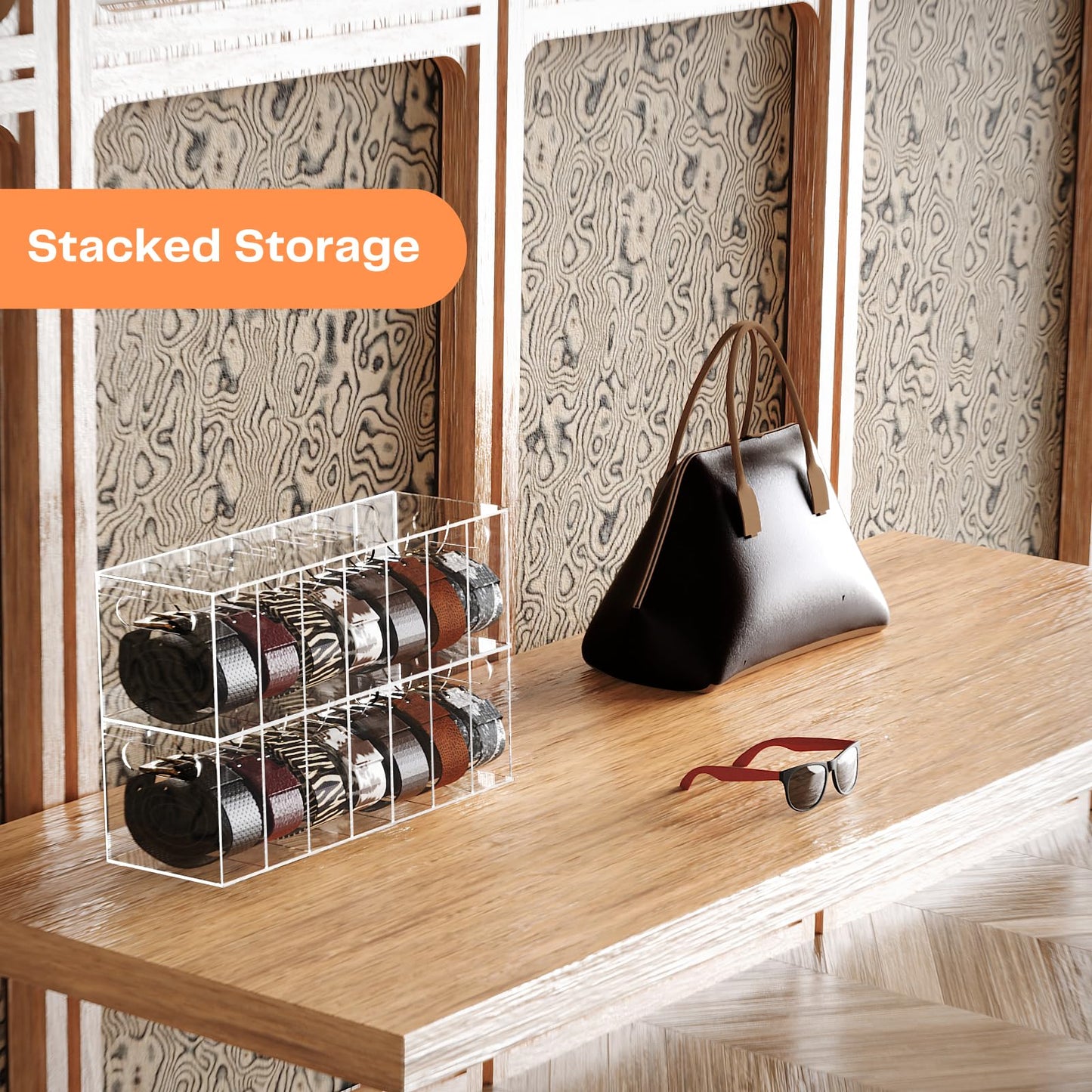 YUNEASELF Belt Organizer - Acrylic Belt Storage Holder for Closet with Dust Cover Lid - 7 Compartments Clear Display Case for Tie and Bow Tie