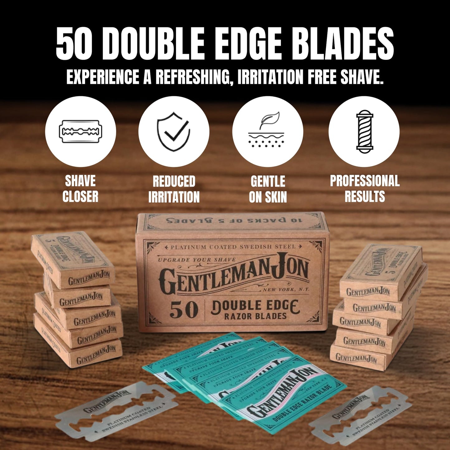 Gentleman Jon Supreme Shaving Collection - Deluxe Safety Razor Shaving Kit & Extra 50-Pack Platinum Double Edge Razor Blades - Extensive Wet Shave Set for Men - Superior Comfort and Smooth Shaves