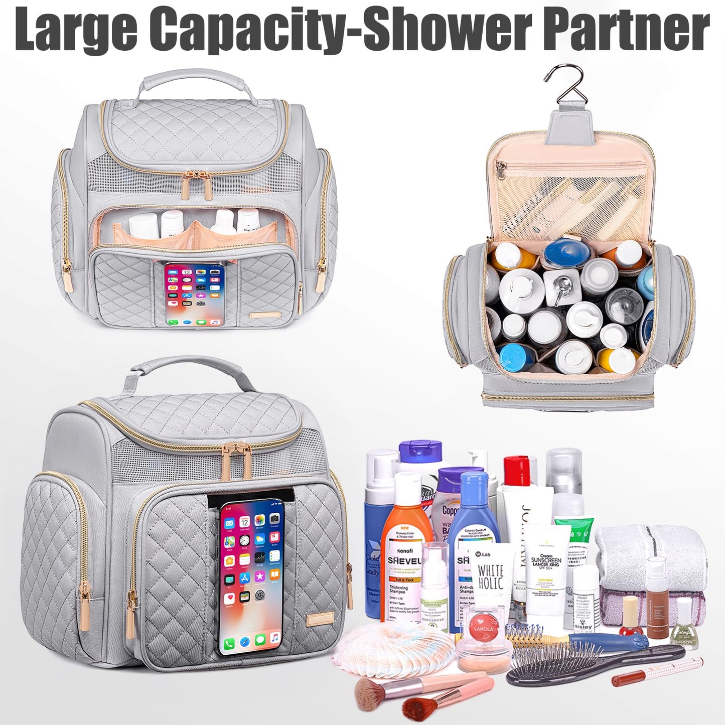 Large Toiletry Bag for Women Men,Bathroom Bag,Water Resistant Shower Bag,Makeup Bag,Toiletry Bags for Traveling,Hanging Toiletry Bag with Transparent Waterproof Phone Pocket (Light Gray)