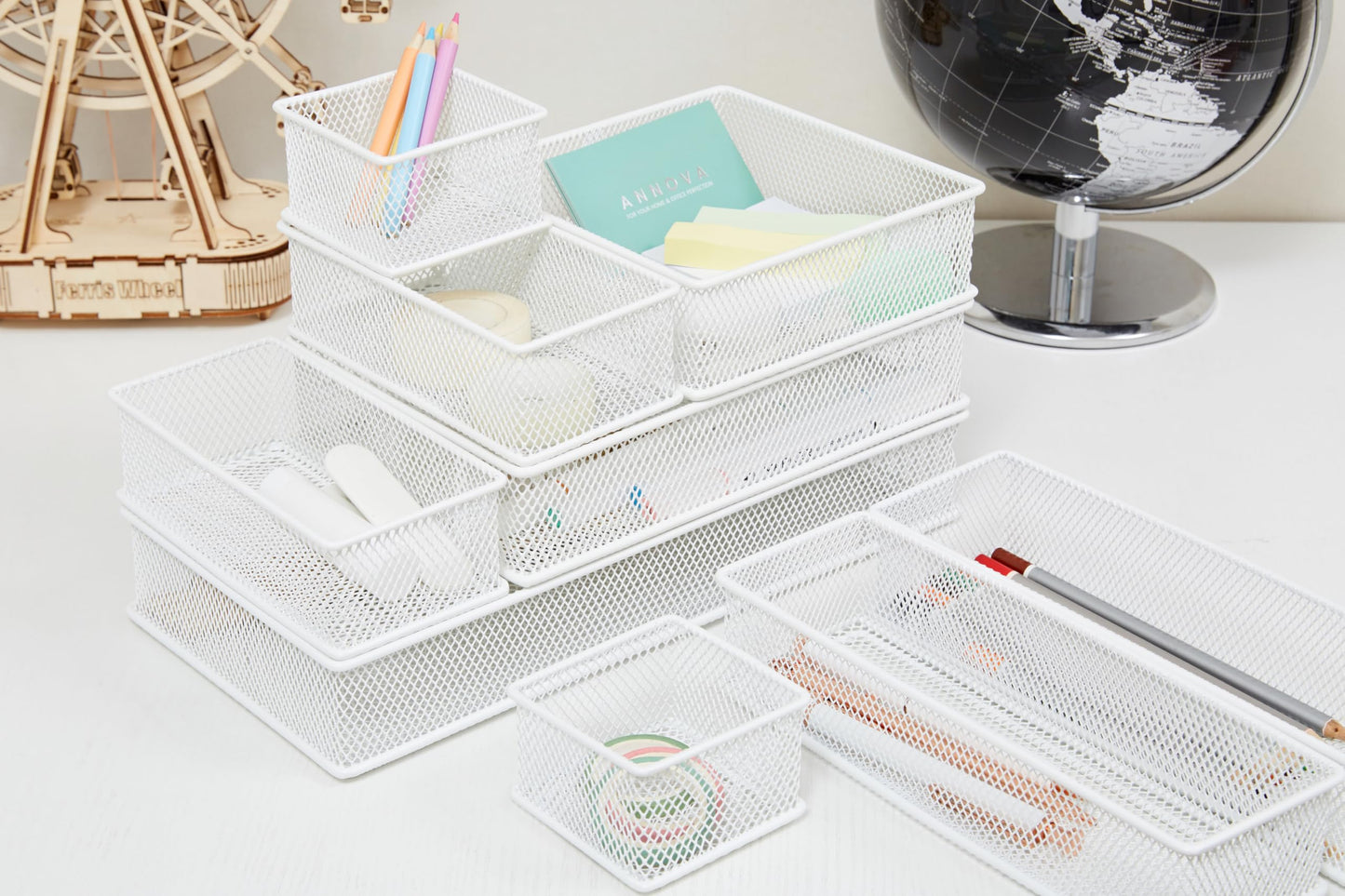 Annova Mesh Stackable Drawer Cabinet and Shelf Organizer Bins Storage Basket School Office Supply Holder Tray- Set of 2 (White, 3x12x2 Inch)