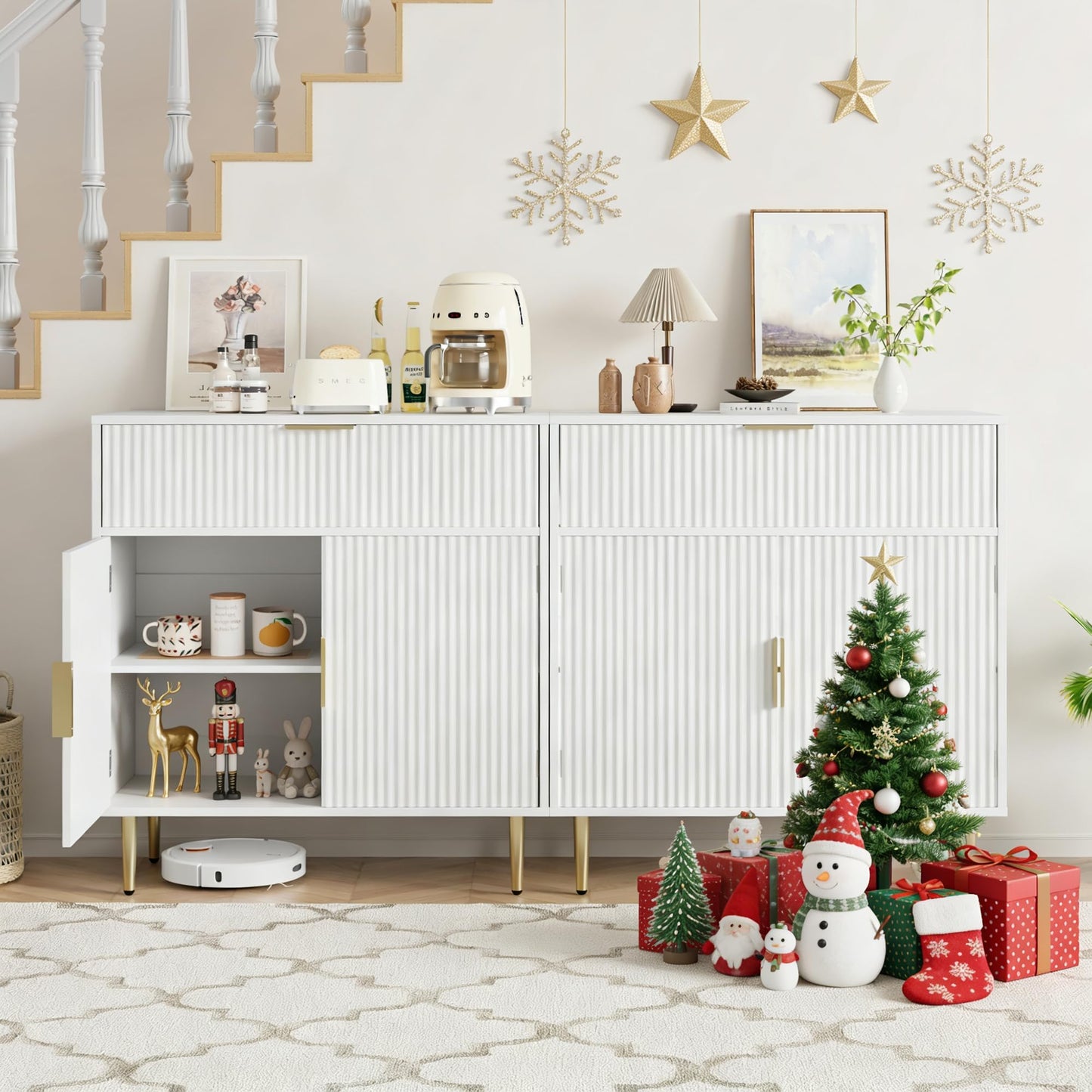 Housoul Coffee Bar Cabinet with 2 Doors & Drawer, Sideboard Buffet with Adjustable Shelves, Accent Liquor Cabinet with Storage, Console Table for Living Dining Room, White