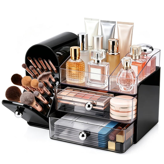 Makeup Organizer with Brush Holder for Vanity, Large Cosmetic Display Cases with 2 Drawers, Skincare Organizer for Bathroom Countertop, Black